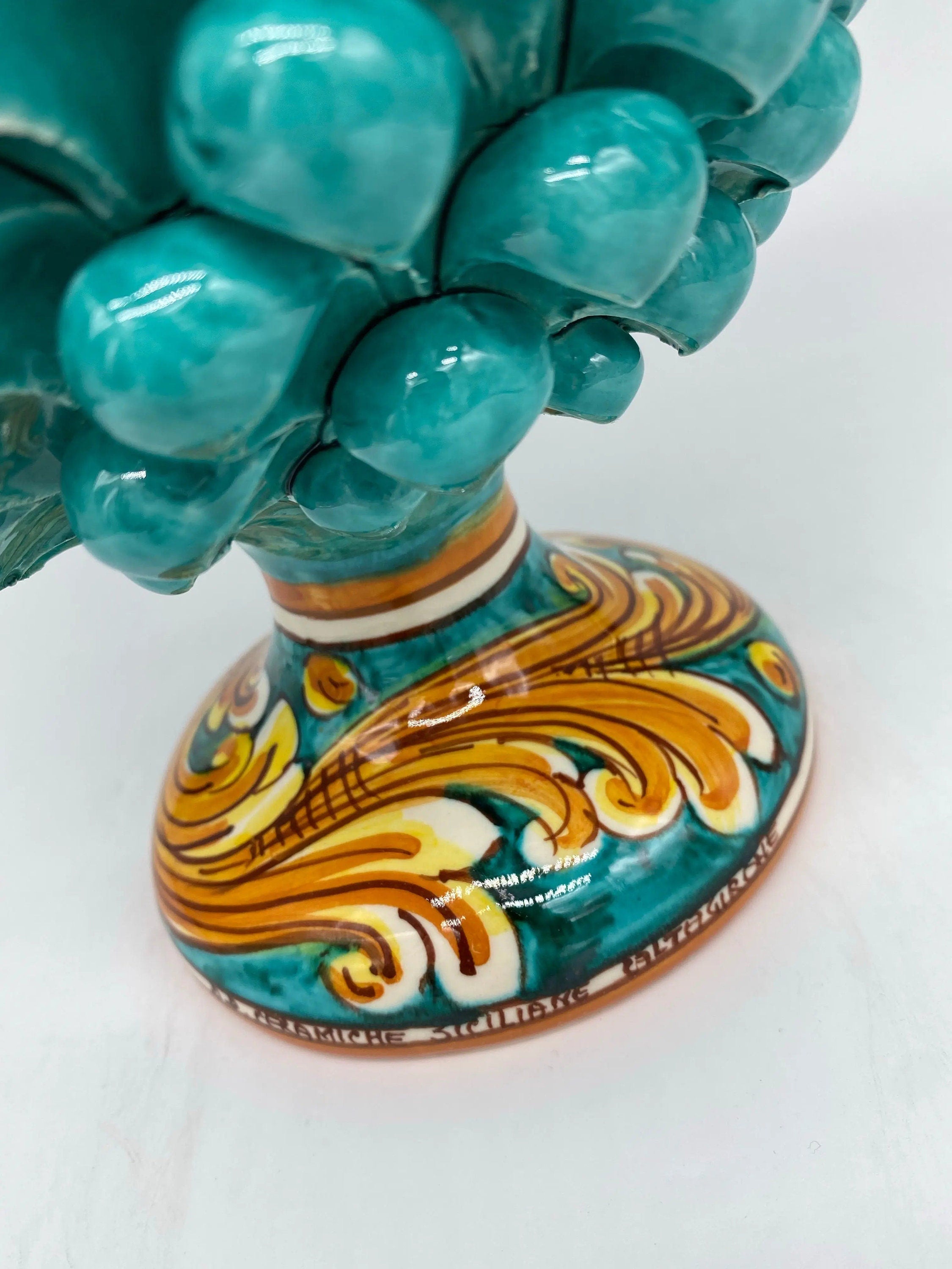 Pigna Ceramica Caltagirone cm H.25 Artigianale Verde acqua Base Decorata DD CERAMICHE SICILIANE