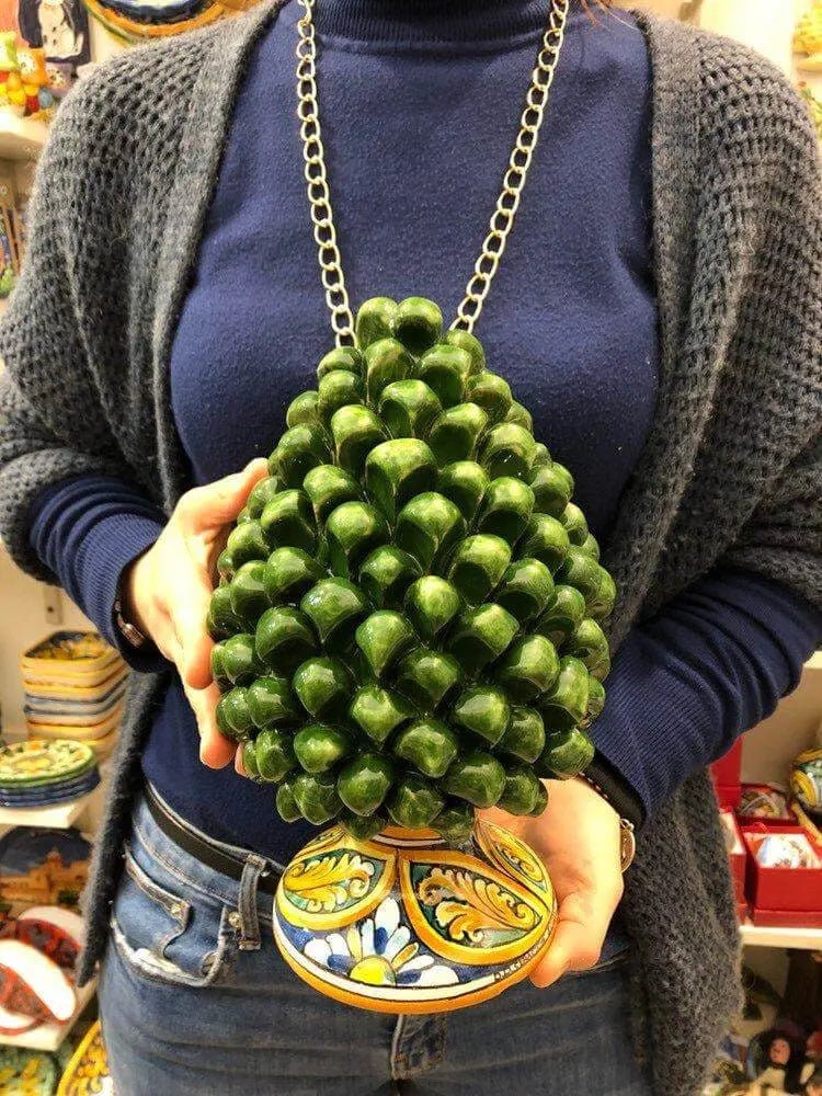 Pigna Ceramica Caltagirone cm H.25 Artigianale Verde Prato Base Decorata DD CERAMICHE SICILIANE