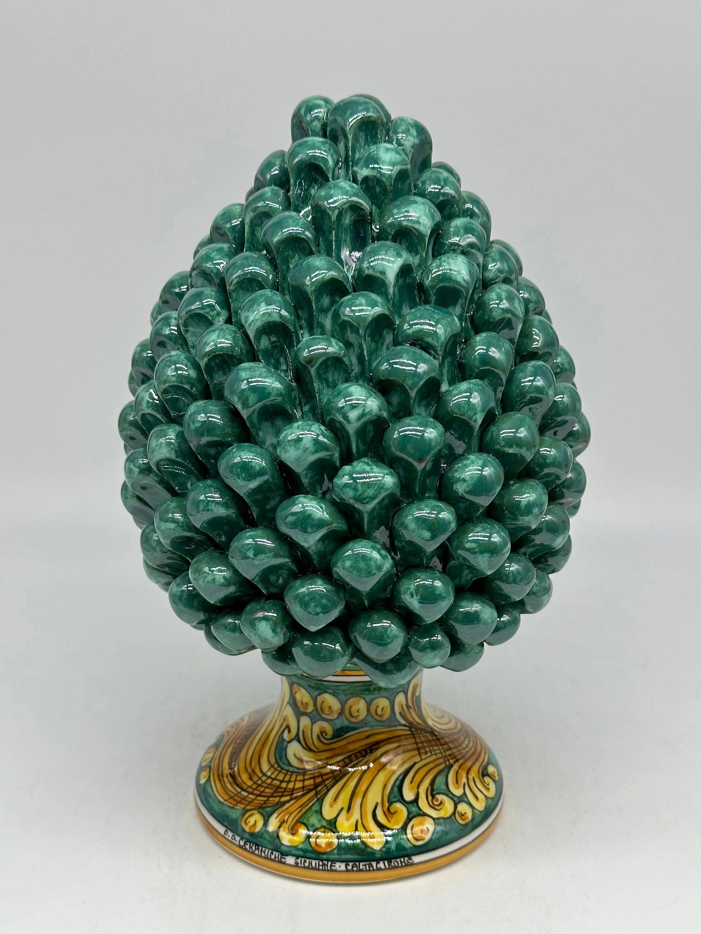Pigna Ceramica Caltagirone cm H.25 Artigianale Verde Rame Base Decorata DD CERAMICHE SICILIANE
