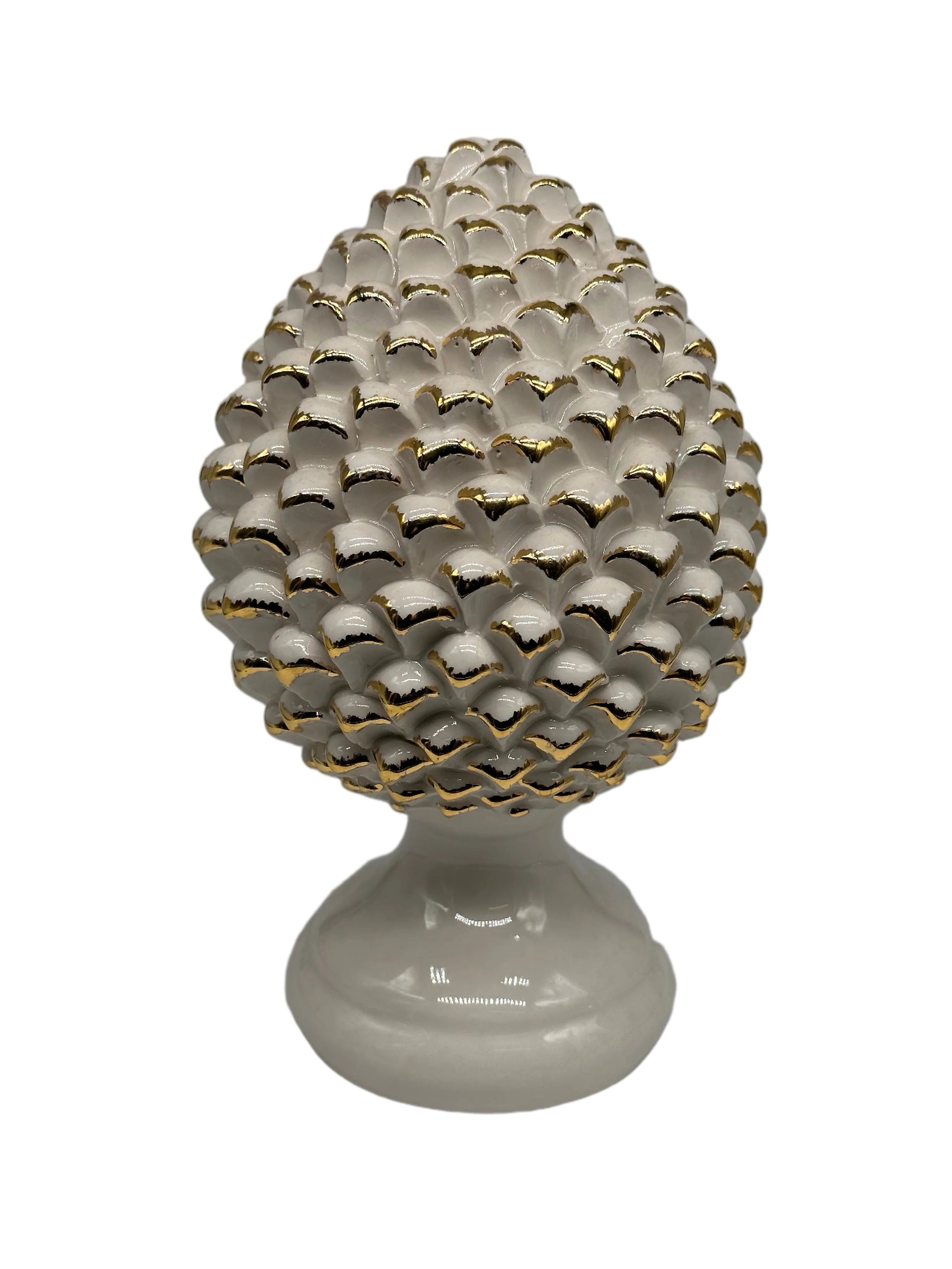 Pigna Ceramica Caltagirone cm H.28 L.17 Artigianale Bianco Oro Linea Luis DD CERAMICHE SICILIANE