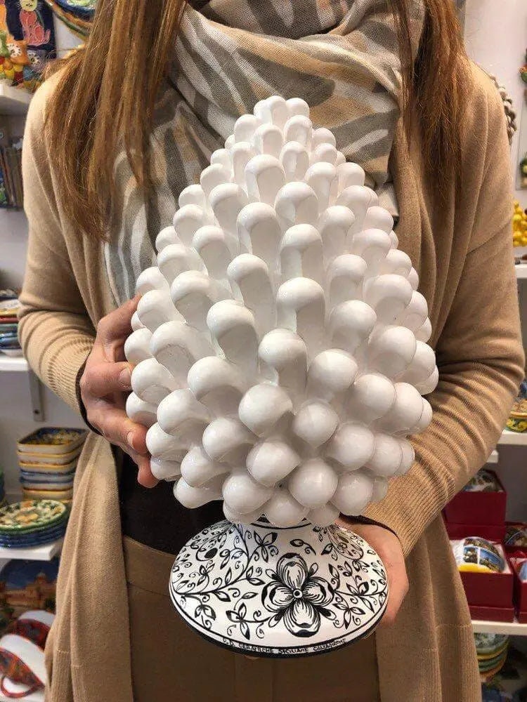 Pigna Ceramica Caltagirone cm H.30 Artigianale Bianco Base Decorata Nero DD CERAMICHE SICILIANE