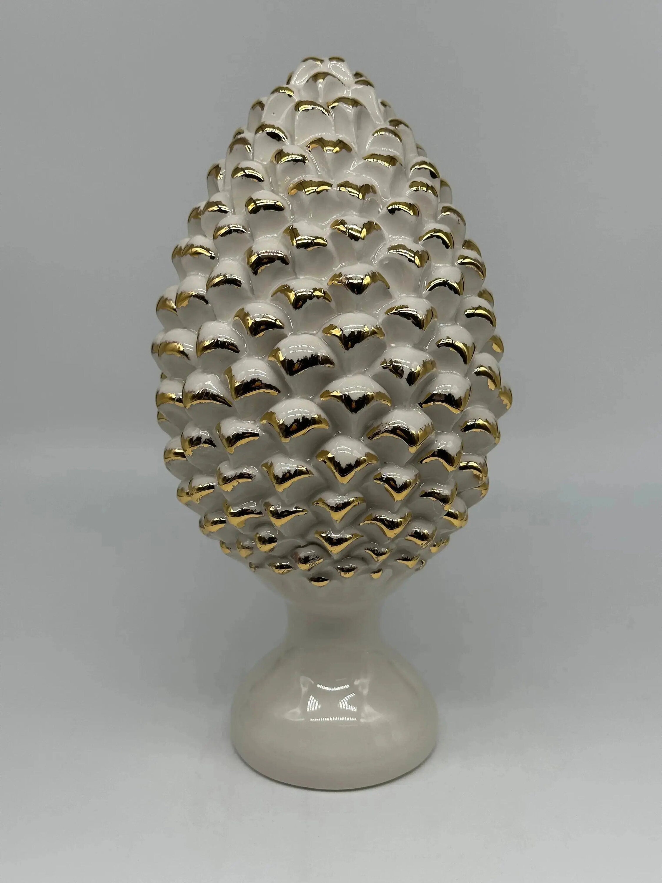 Pigna Ceramica Caltagirone cm H.30 Artigianale Bianco Oro Linea Luis DD CERAMICHE SICILIANE