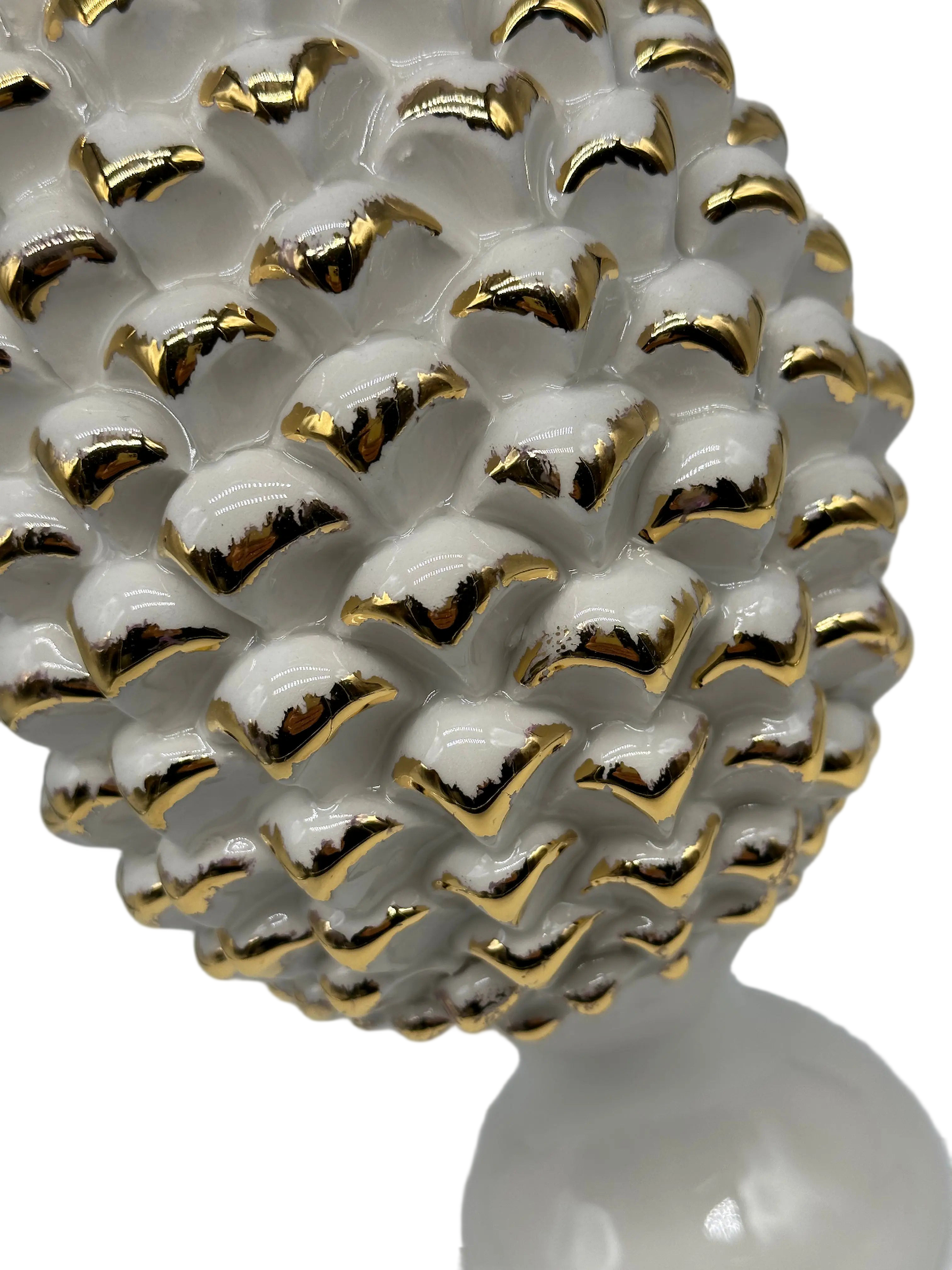 Pigna Ceramica Caltagirone cm H.30 Artigianale Bianco Oro Linea Luis DD CERAMICHE SICILIANE