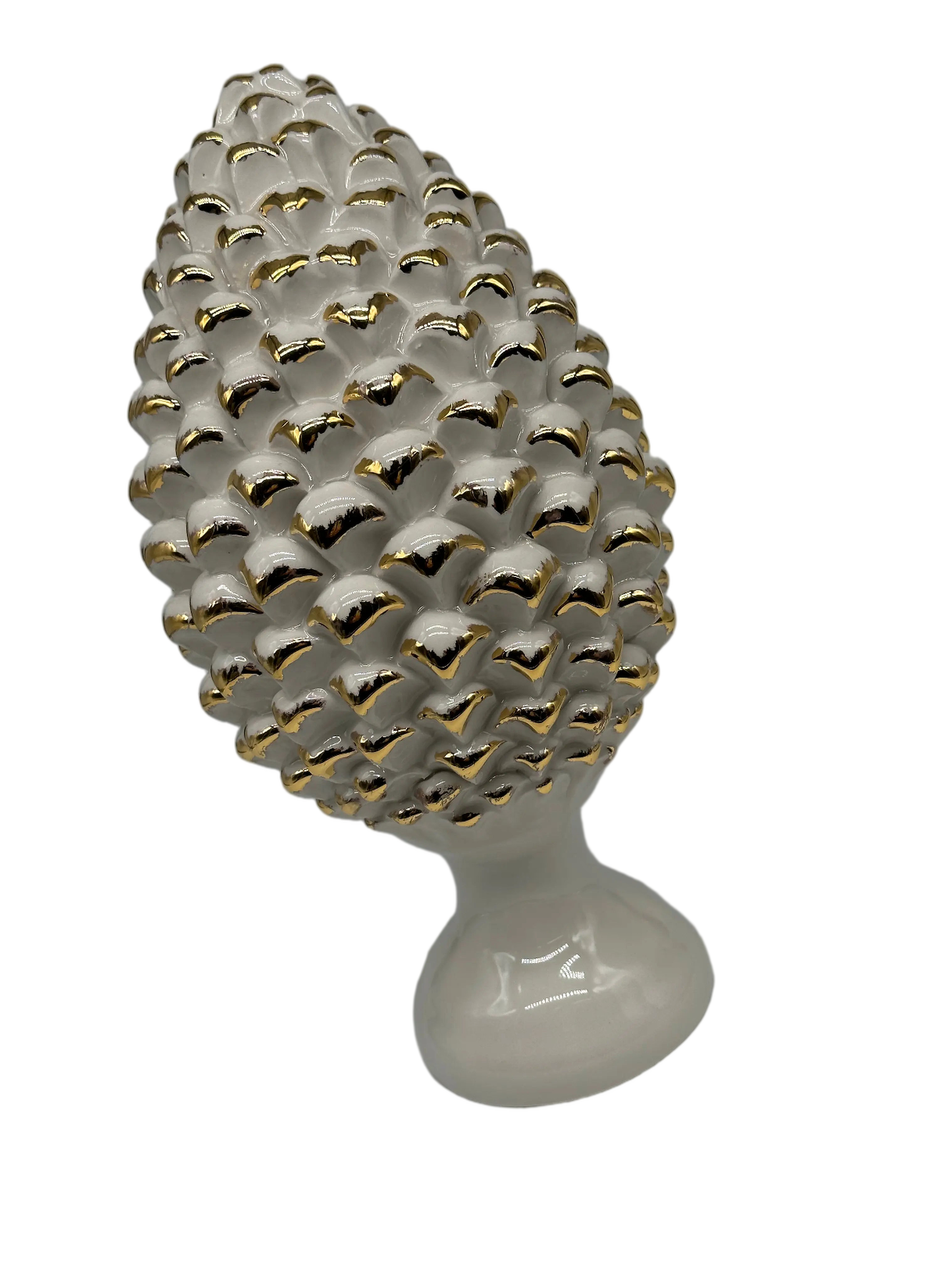 Pigna Ceramica Caltagirone cm H.30 Artigianale Bianco Oro Linea Luis DD CERAMICHE SICILIANE