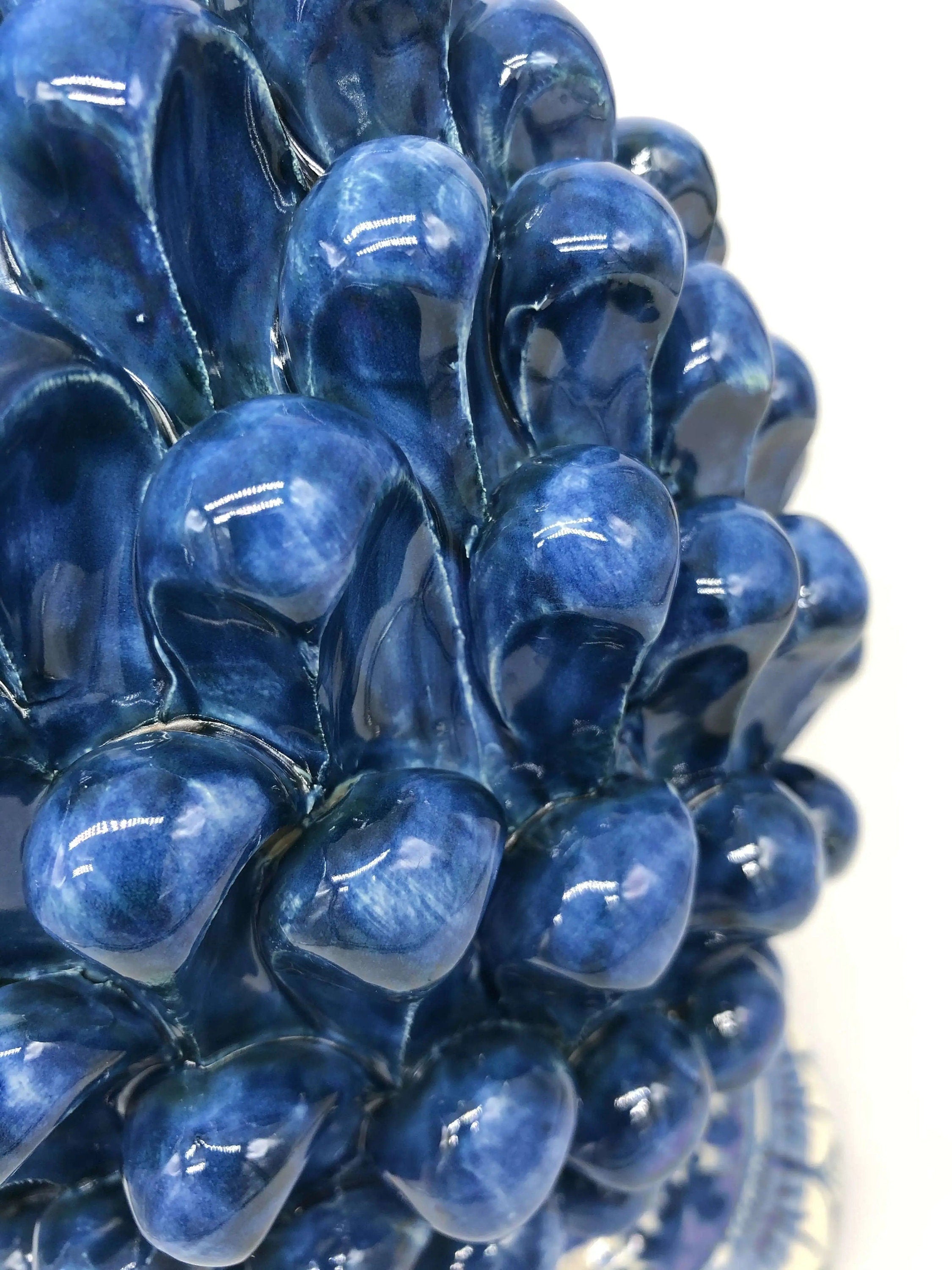 Pigna Ceramica Caltagirone cm H.30 Artigianale Blu Antico Base Decorata Fiori DD CERAMICHE SICILIANE