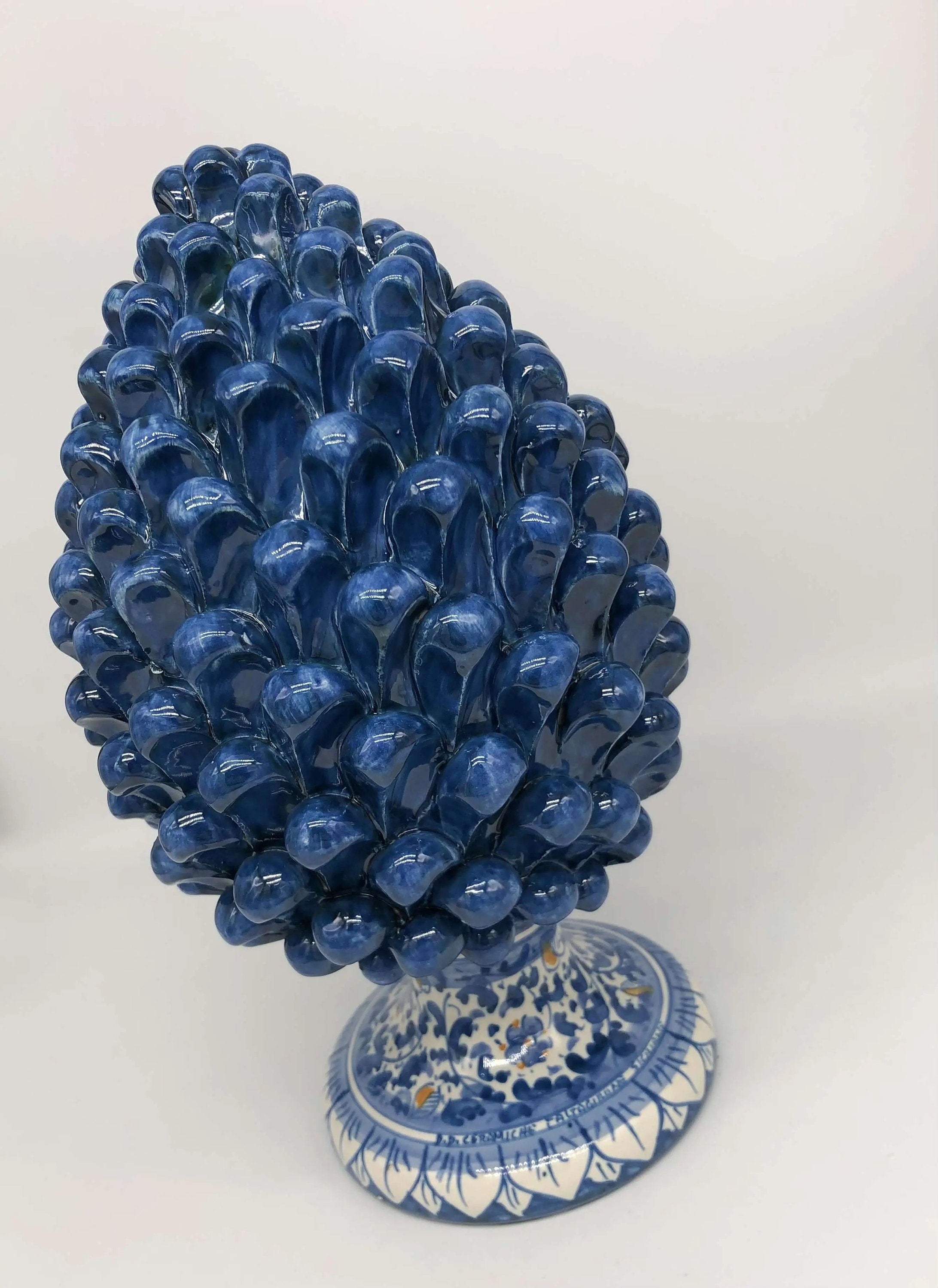 Pigna Ceramica Caltagirone cm H.30 Artigianale Blu Antico Base Decorata Fiori DD CERAMICHE SICILIANE