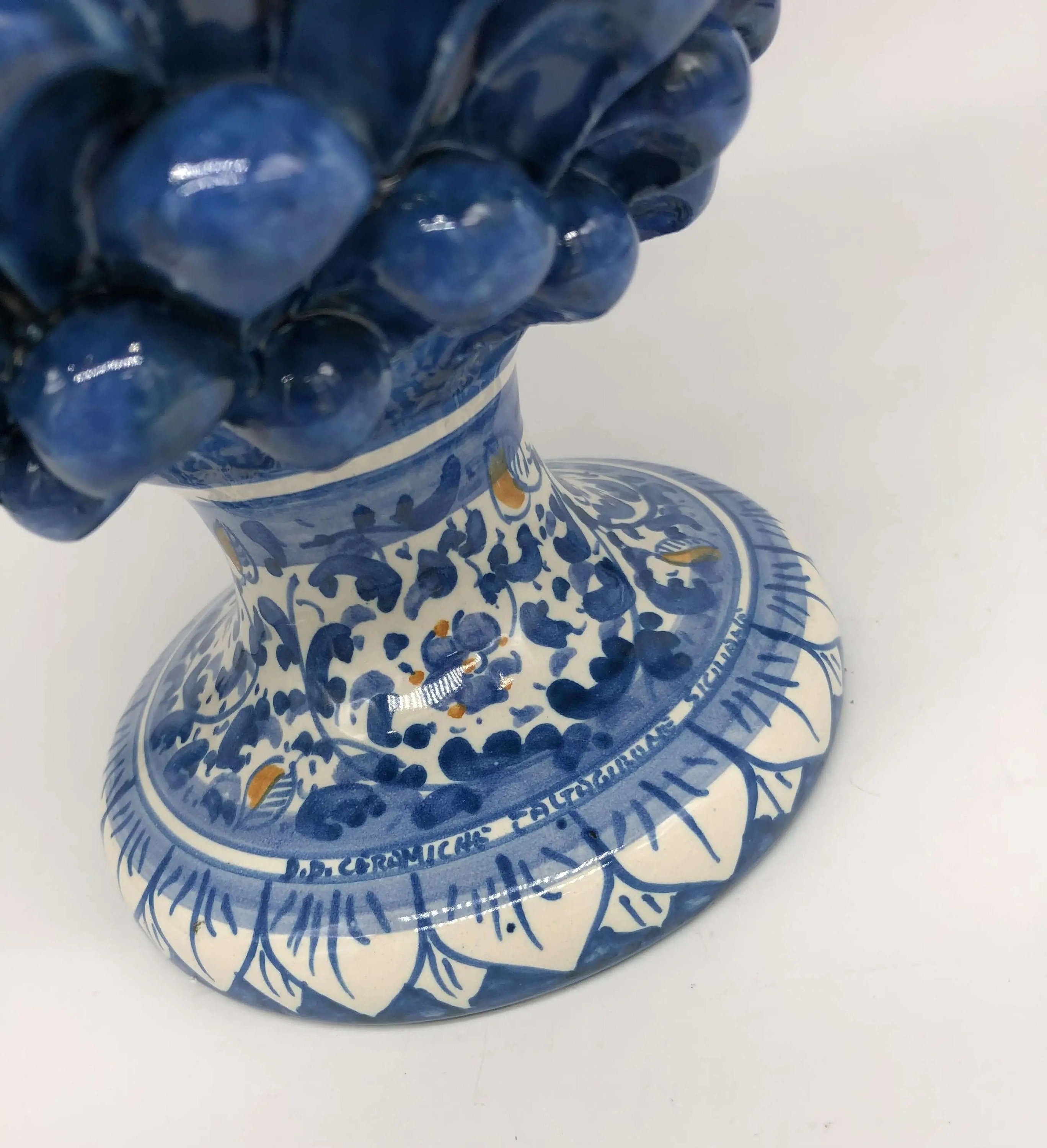 Pigna Ceramica Caltagirone cm H.30 Artigianale Blu Antico Base Decorata Fiori DD CERAMICHE SICILIANE