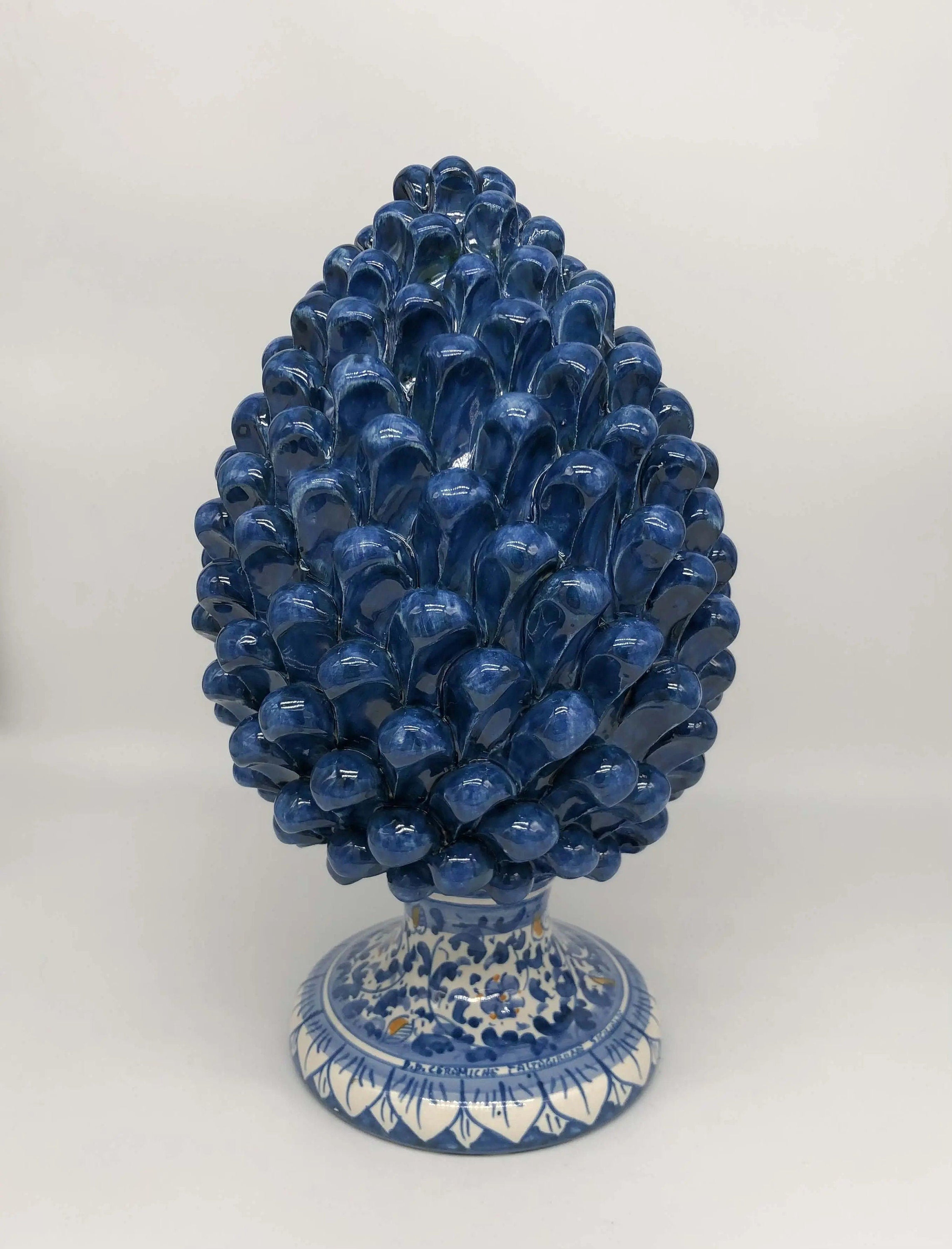 Pigna Ceramica Caltagirone cm H.30 Artigianale Blu Antico Base Decorata Fiori DD CERAMICHE SICILIANE
