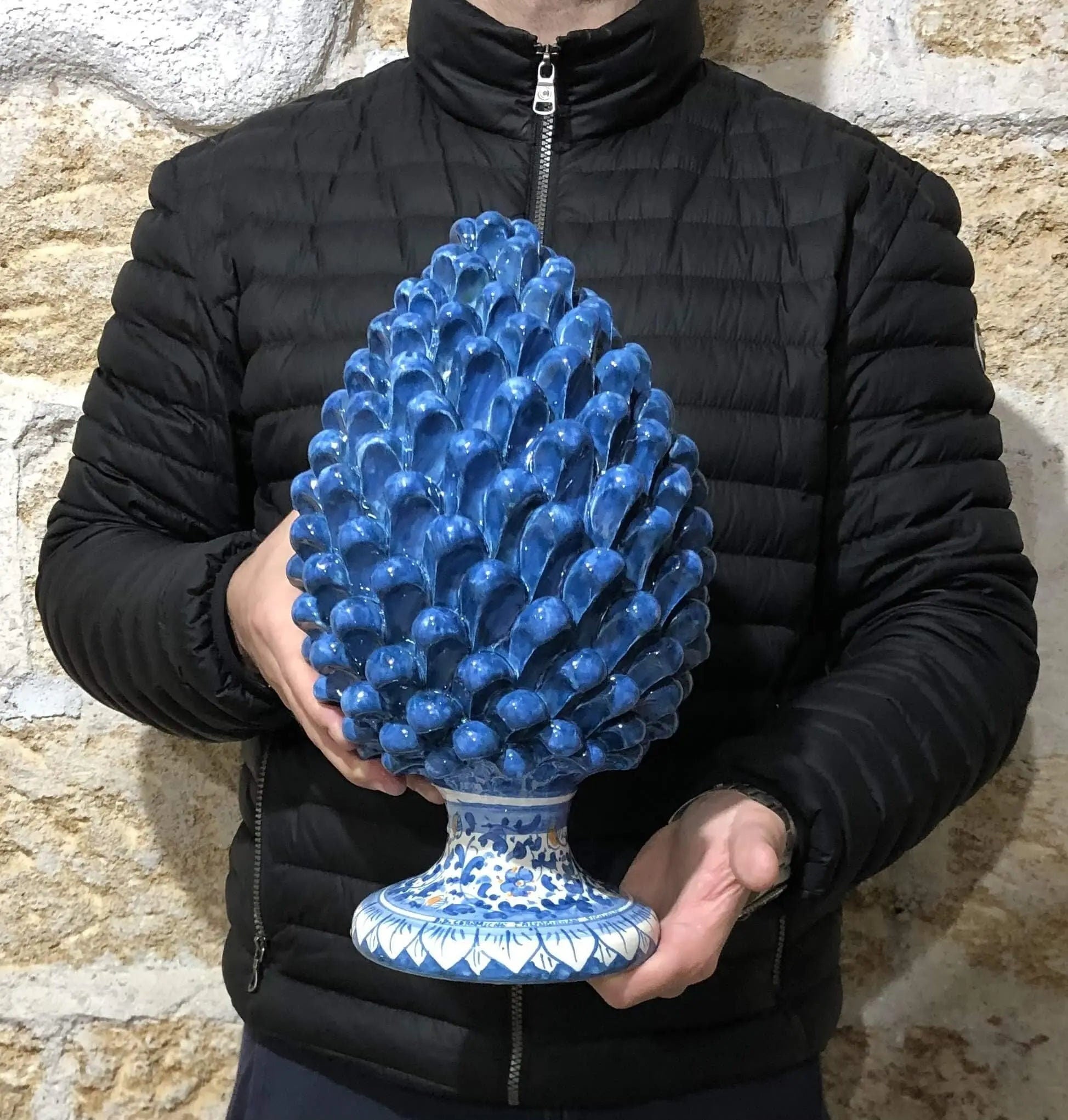 Pigna Ceramica Caltagirone cm H.30 Artigianale Blu Antico Base Decorata Fiori DD CERAMICHE SICILIANE