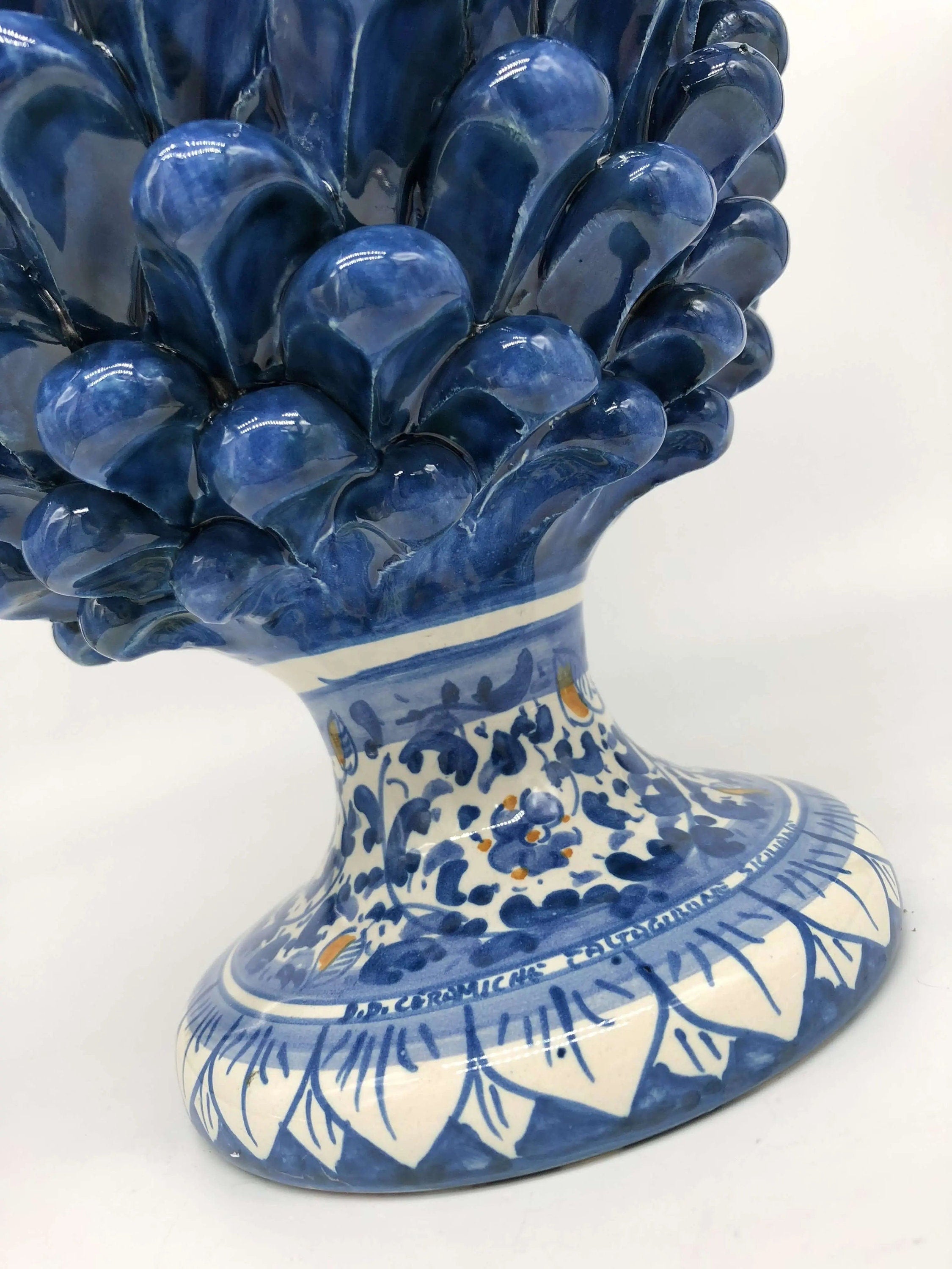 Pigna Ceramica Caltagirone cm H.30 Artigianale Blu Antico Base Decorata Fiori DD CERAMICHE SICILIANE