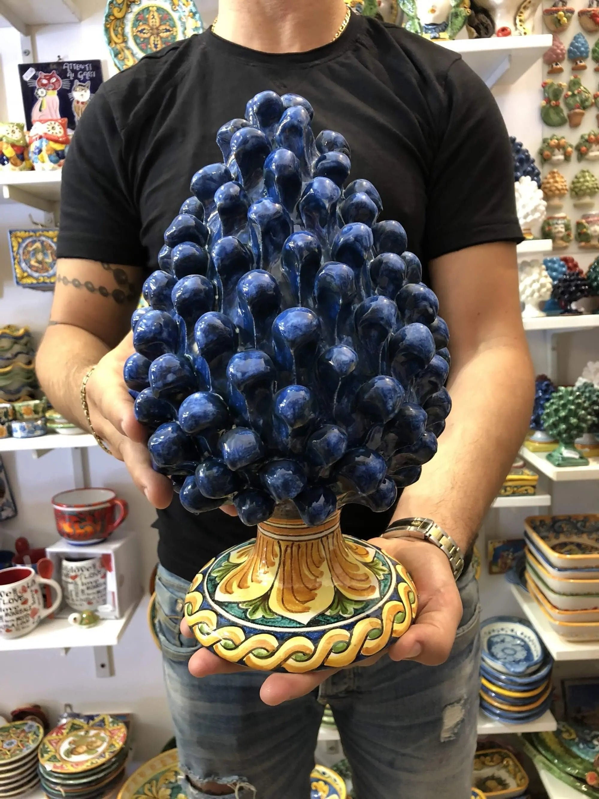 Pigna Ceramica Caltagirone cm H.30 Artigianale Blu Base Decorata DD CERAMICHE SICILIANE