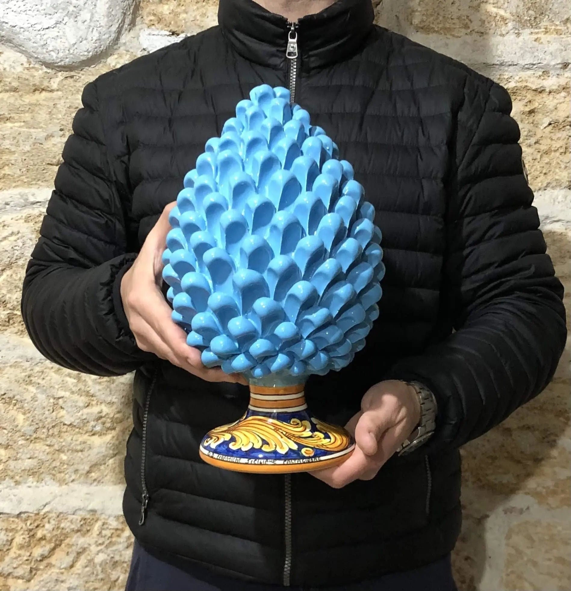 Pigna Ceramica Caltagirone cm H.30 Artigianale Celeste Base Decorata DD CERAMICHE SICILIANE