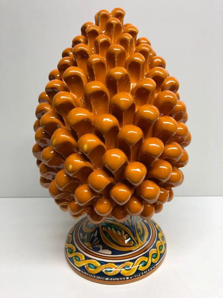 Pigna Ceramica Caltagirone cm H.30 Artigianale Giallo Ocra Base Decorata DD CERAMICHE SICILIANE