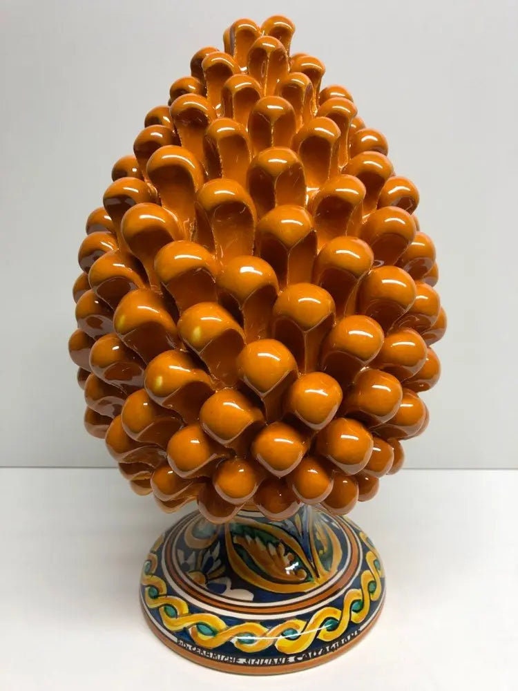 Pigna Ceramica Caltagirone cm H.30 Artigianale Giallo Ocra Base Decorata DD CERAMICHE SICILIANE