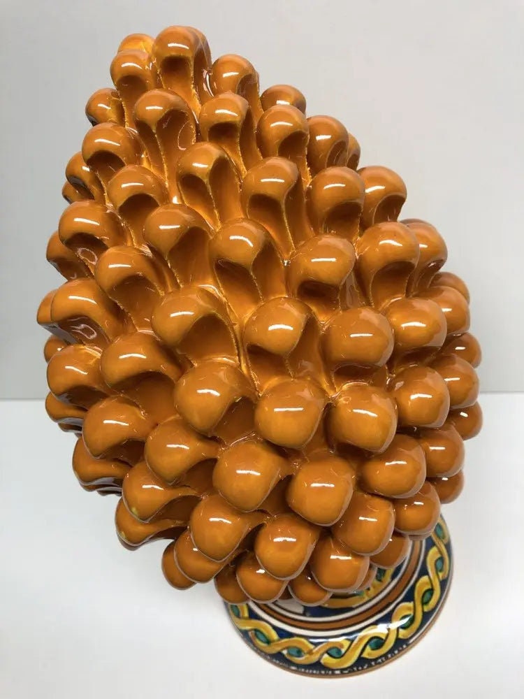 Pigna Ceramica Caltagirone cm H.30 Artigianale Giallo Ocra Base Decorata DD CERAMICHE SICILIANE