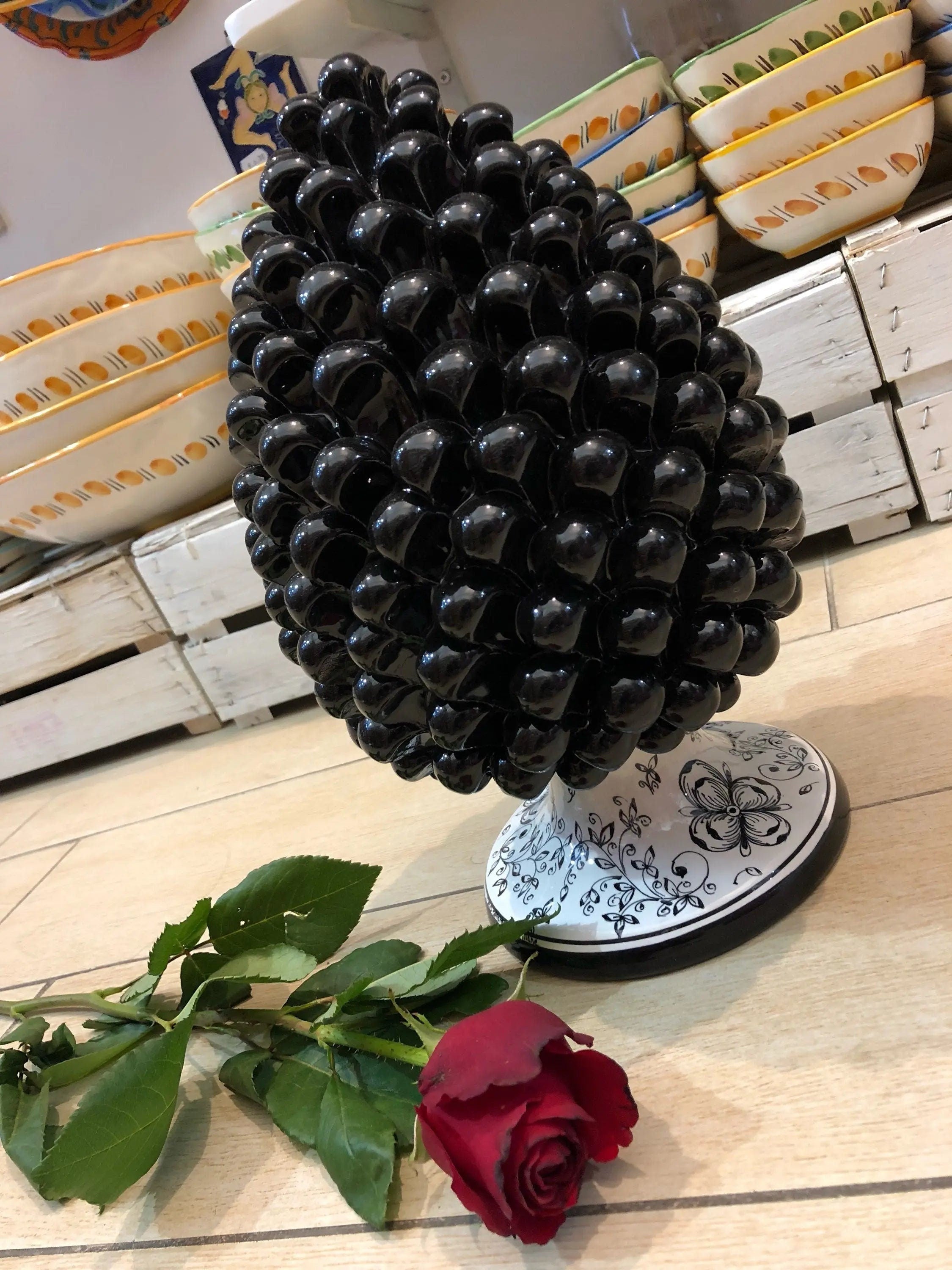 Pigna Ceramica Caltagirone cm H.30 Artigianale Nero Base Decorata DD CERAMICHE SICILIANE