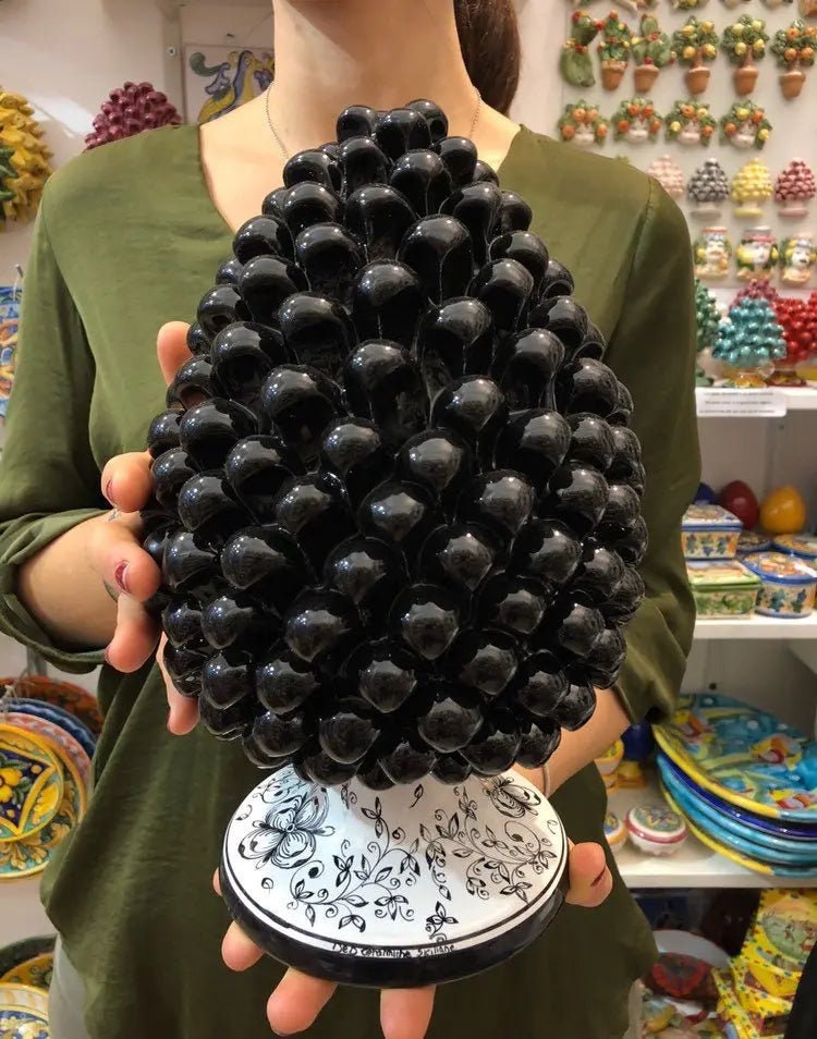 Pigna Ceramica Caltagirone cm H.30 Artigianale Nero Base Decorata DD CERAMICHE SICILIANE