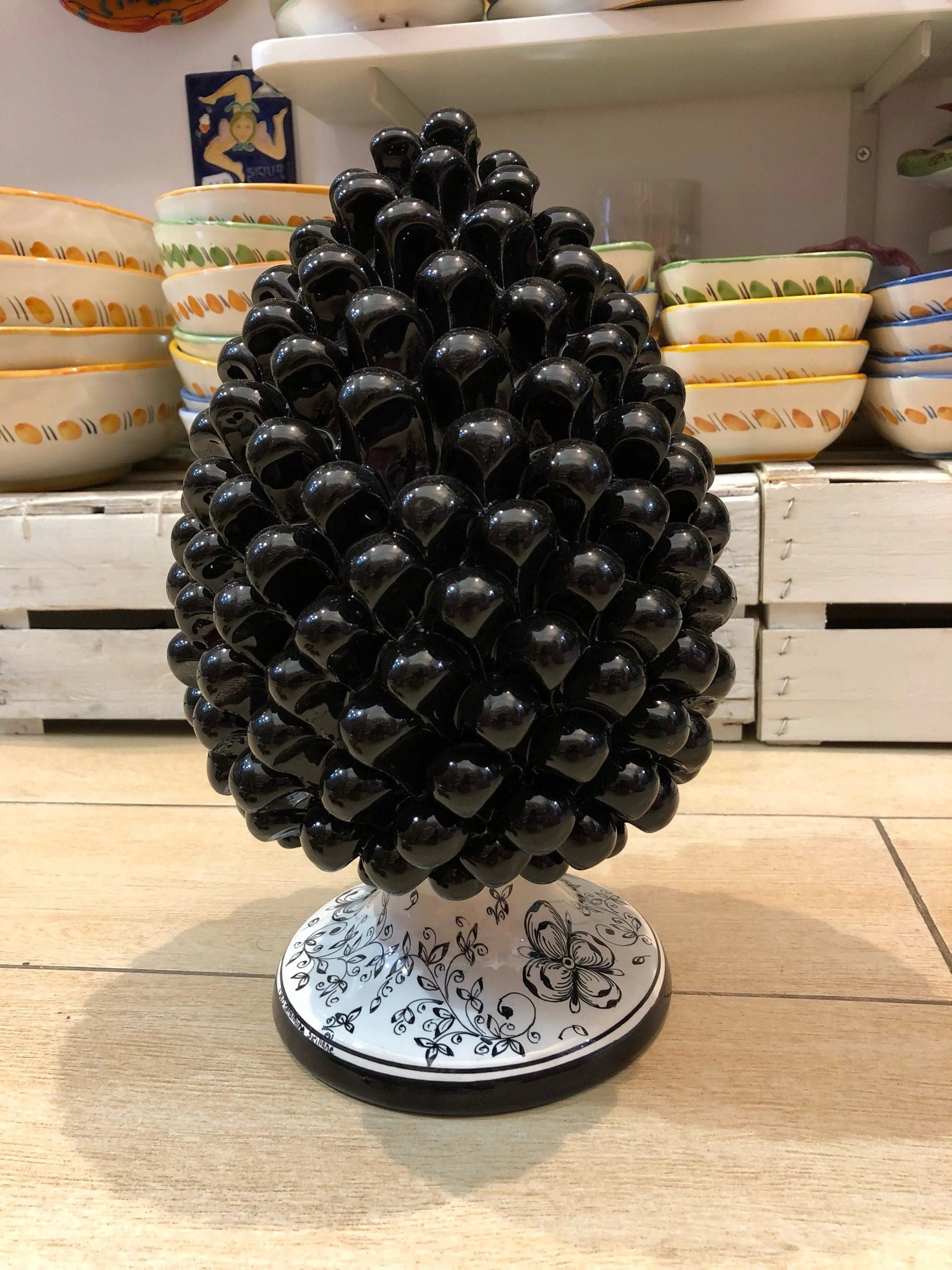Pigna Ceramica Caltagirone cm H.30 Artigianale Nero Base Decorata DD CERAMICHE SICILIANE