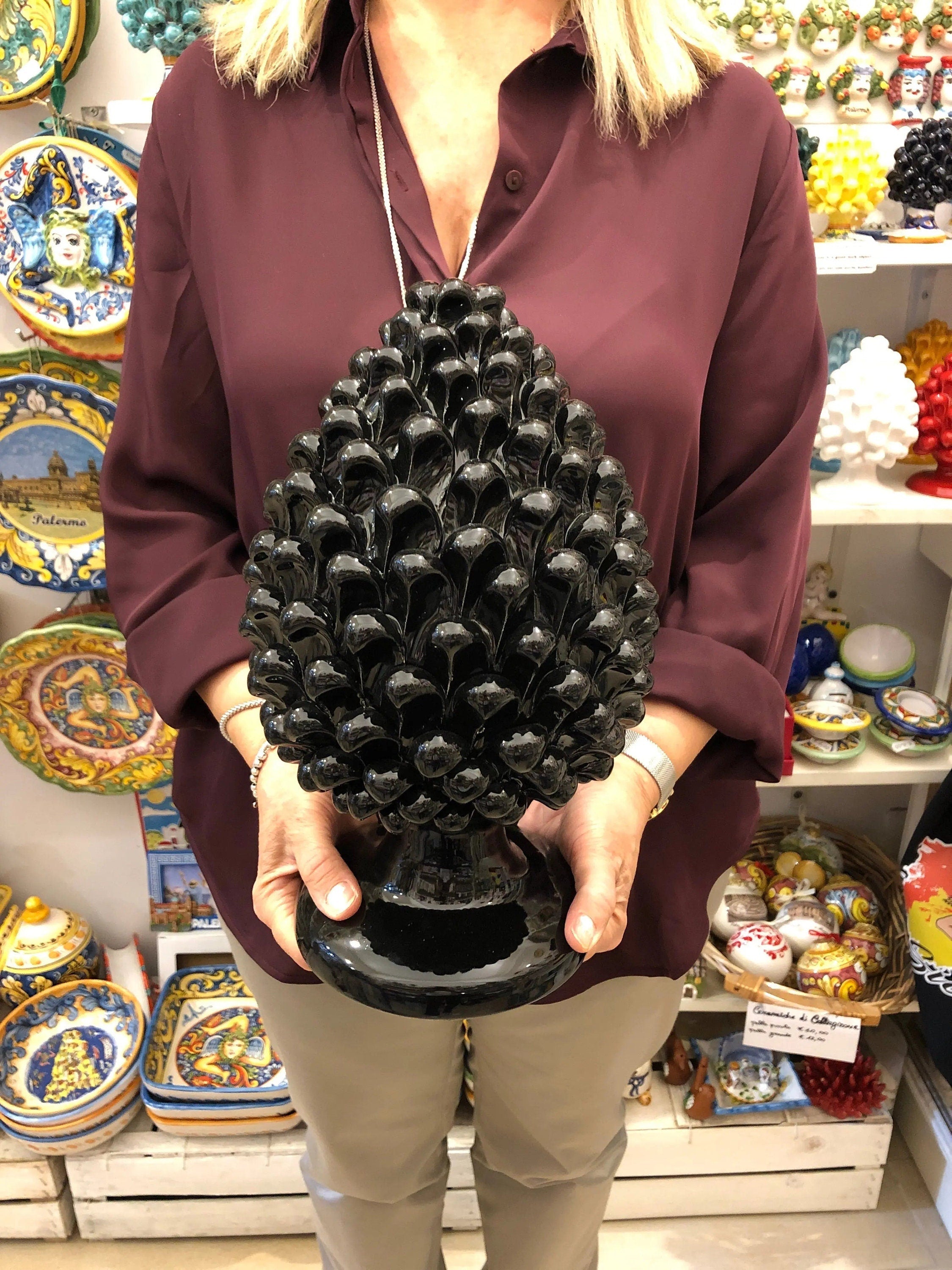 Pigna Ceramica Caltagirone cm H.30 Artigianale Nero DD CERAMICHE SICILIANE