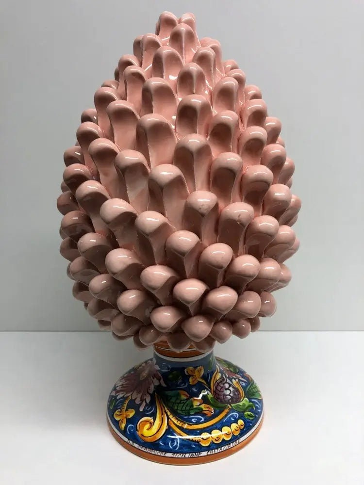 Pigna Ceramica Caltagirone cm H.30 Artigianale Rosa Cipria Base Decorata DD CERAMICHE SICILIANE