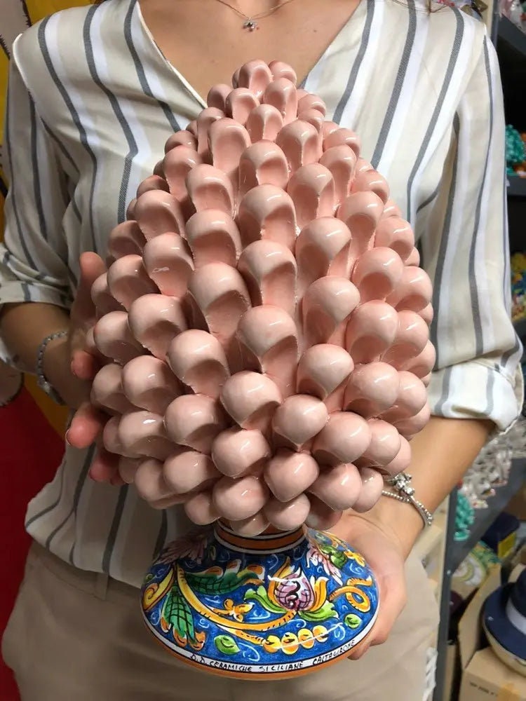 Pigna Ceramica Caltagirone cm H.30 Artigianale Rosa Cipria Base Decorata DD CERAMICHE SICILIANE