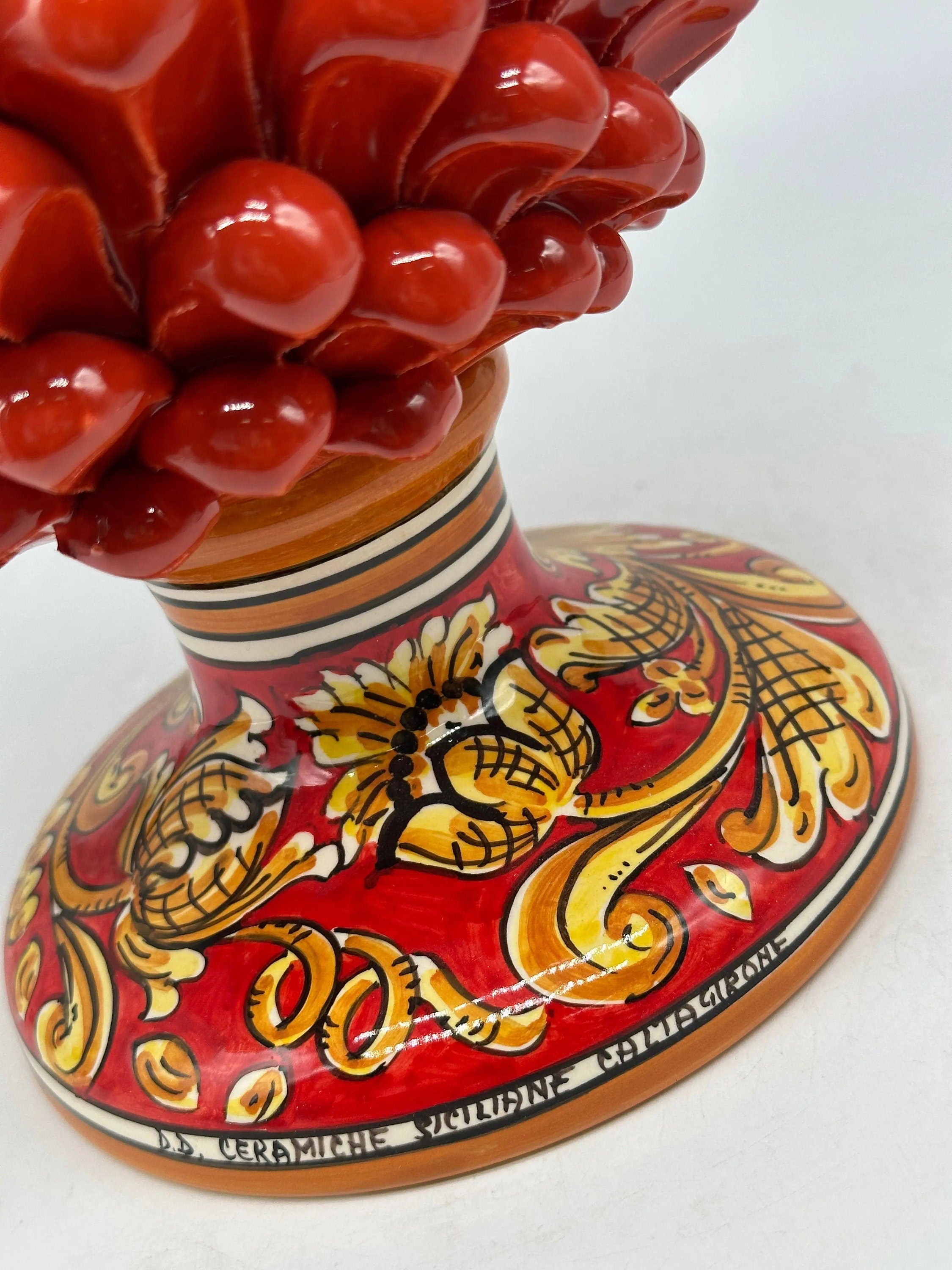 Pigna Ceramica Caltagirone cm H.30 Artigianale Rosso Base Decorata Giglio DD CERAMICHE SICILIANE