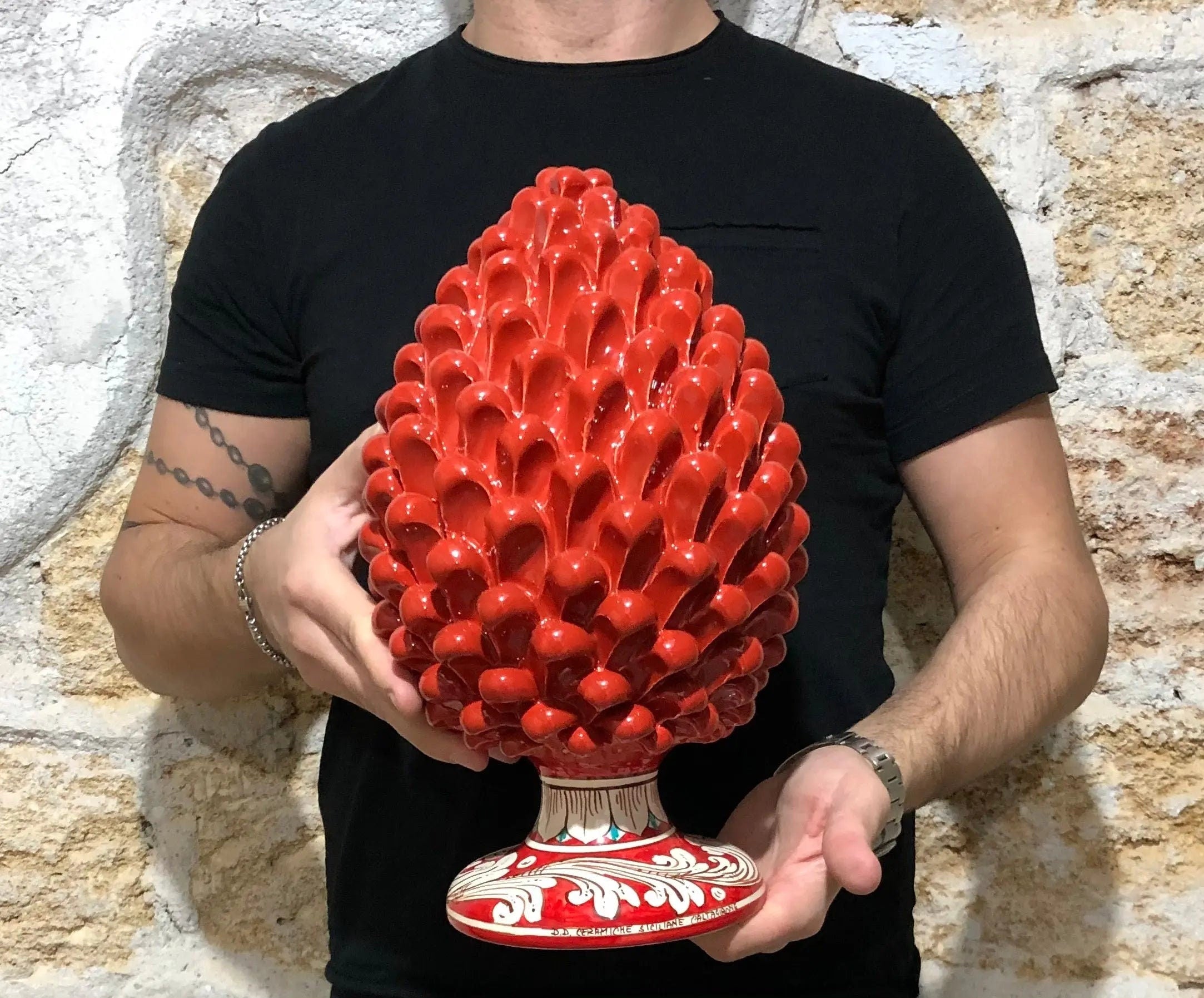 Pigna Ceramica Caltagirone cm H.30 Artigianale Rosso Base Decorata DD CERAMICHE SICILIANE