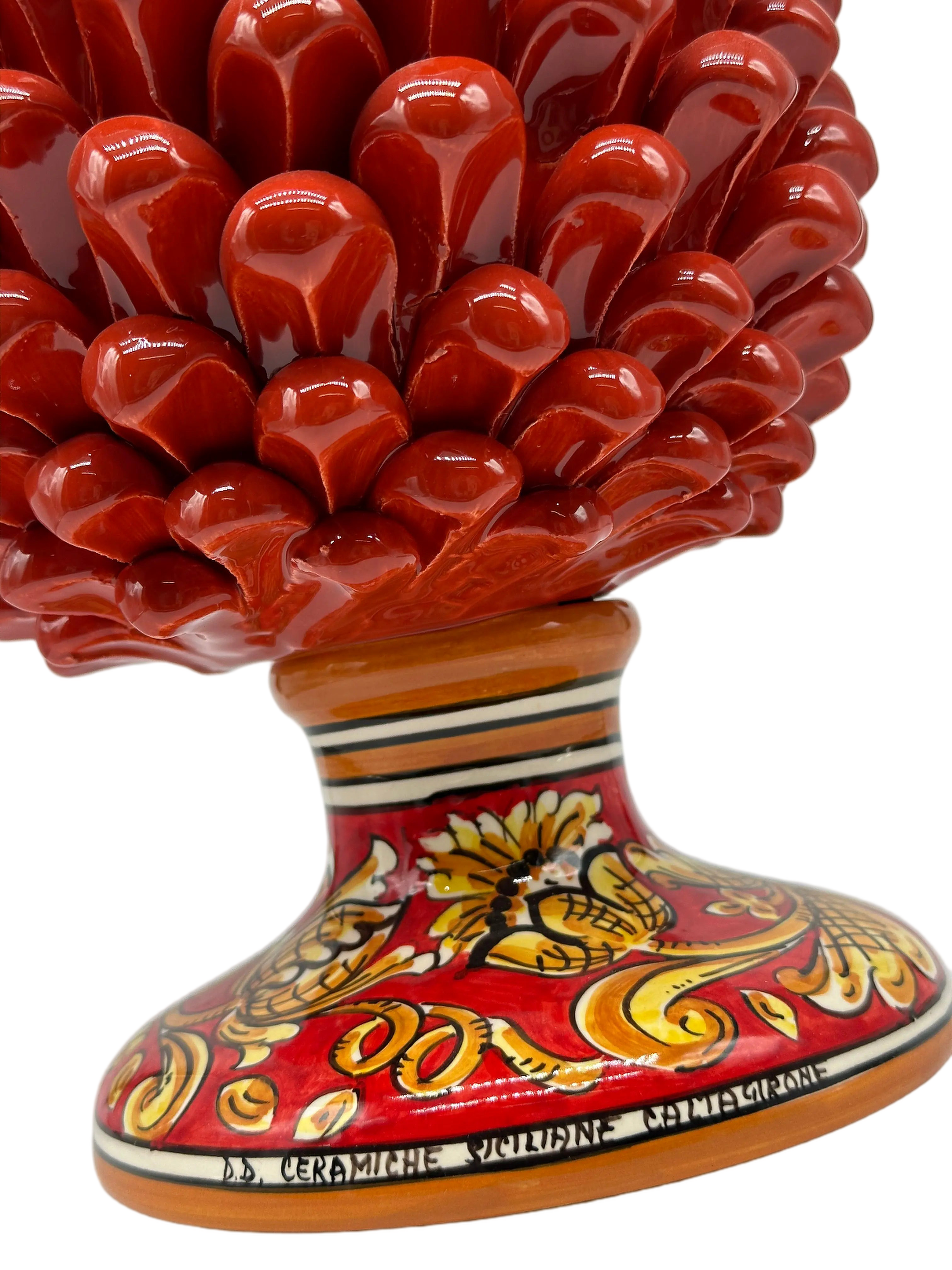Pigna Ceramica Caltagirone cm H.30 Artigianale Rosso Base Decorata Giglio DD CERAMICHE SICILIANE