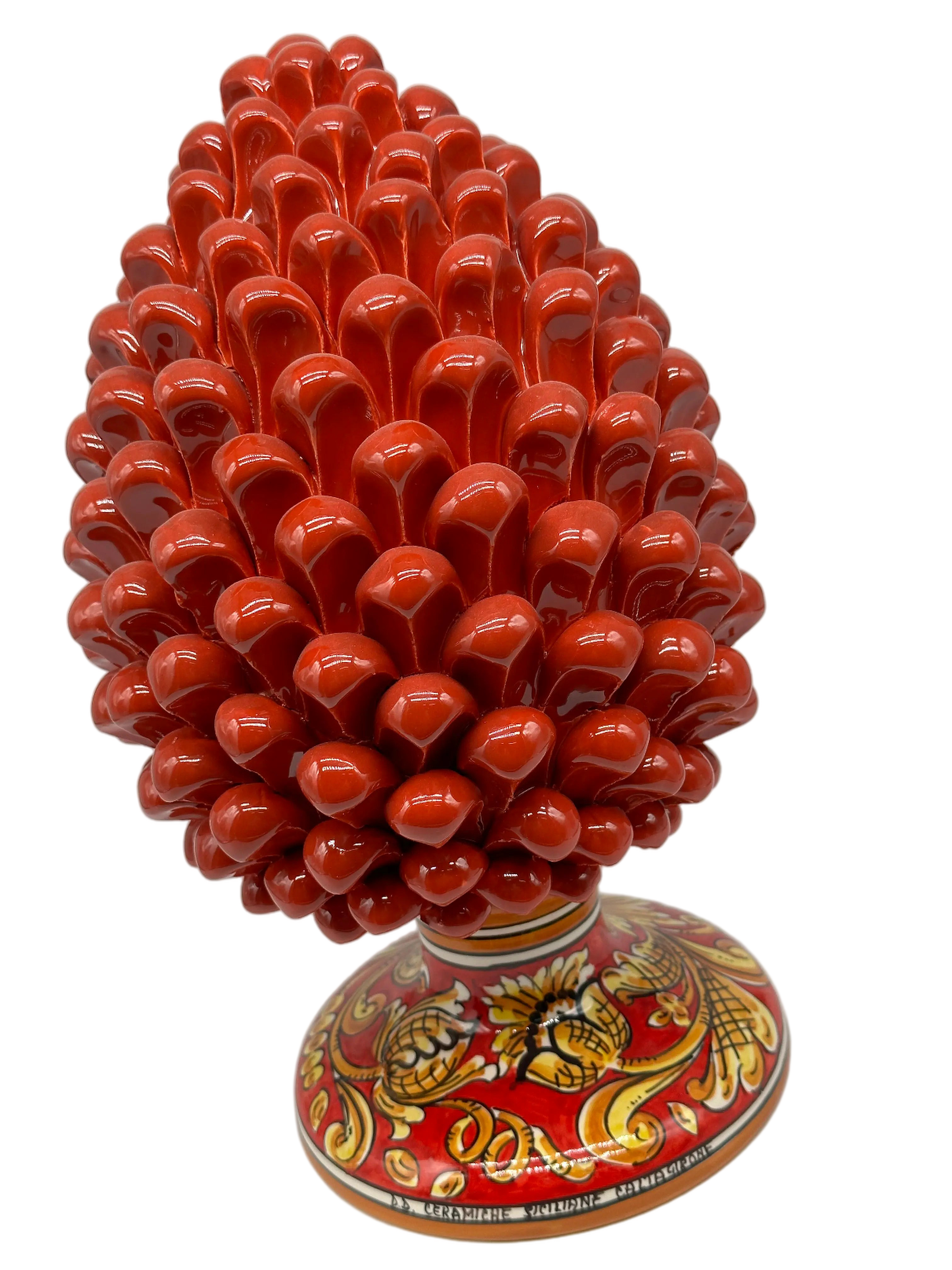 Pigna Ceramica Caltagirone cm H.30 Artigianale Rosso Base Decorata Giglio DD CERAMICHE SICILIANE
