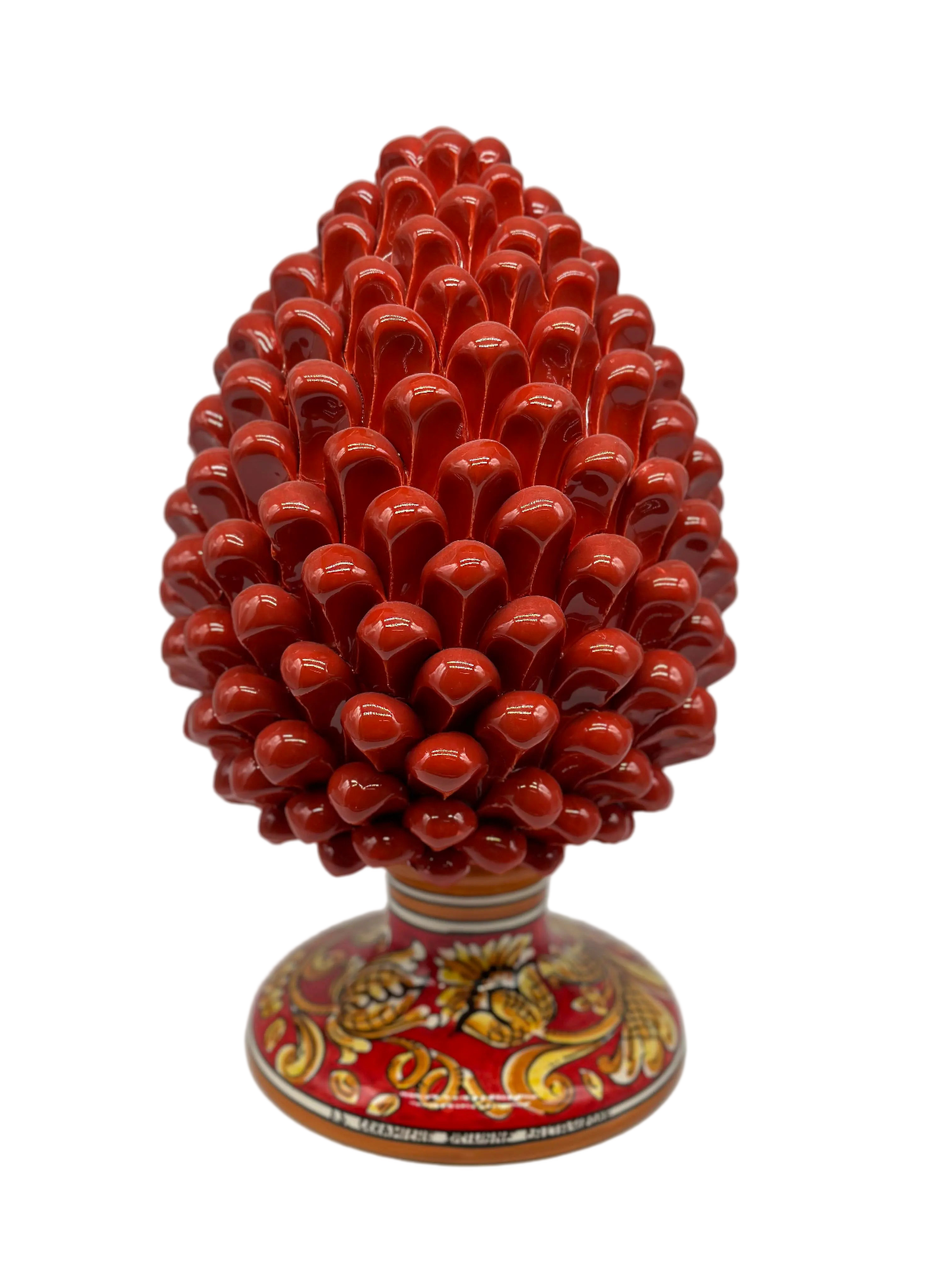 Pigna Ceramica Caltagirone cm H.30 Artigianale Rosso Base Decorata Giglio DD CERAMICHE SICILIANE