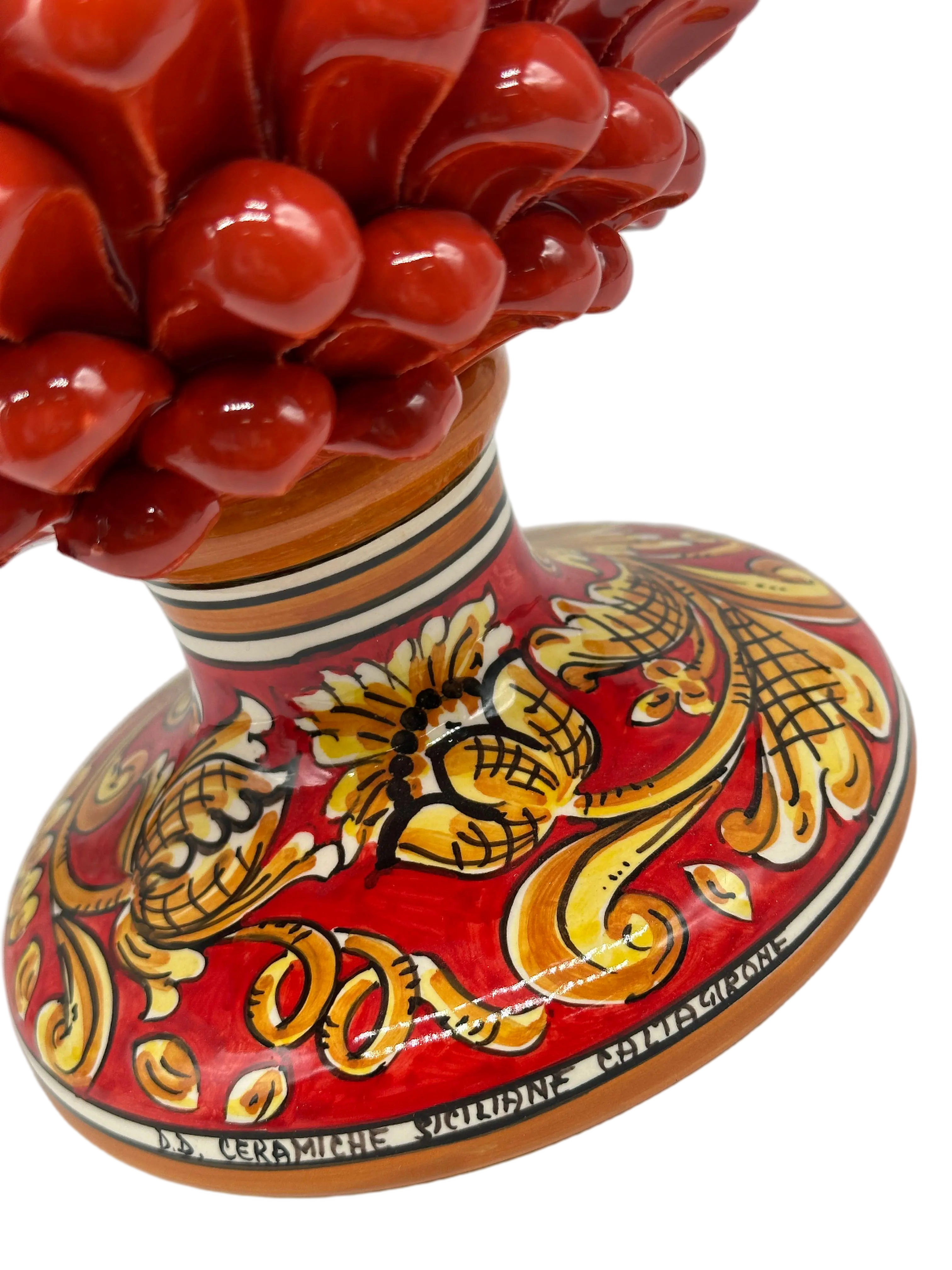 Pigna Ceramica Caltagirone cm H.30 Artigianale Rosso Base Decorata Giglio DD CERAMICHE SICILIANE