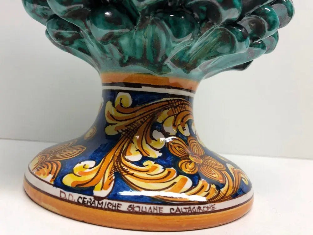 Pigna Ceramica Caltagirone cm H.30 Artigianale Verde Acqua Base Decorata DD CERAMICHE SICILIANE