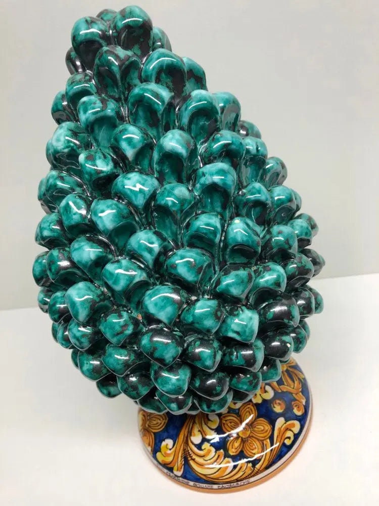 Pigna Ceramica Caltagirone cm H.30 Artigianale Verde Acqua Base Decorata DD CERAMICHE SICILIANE