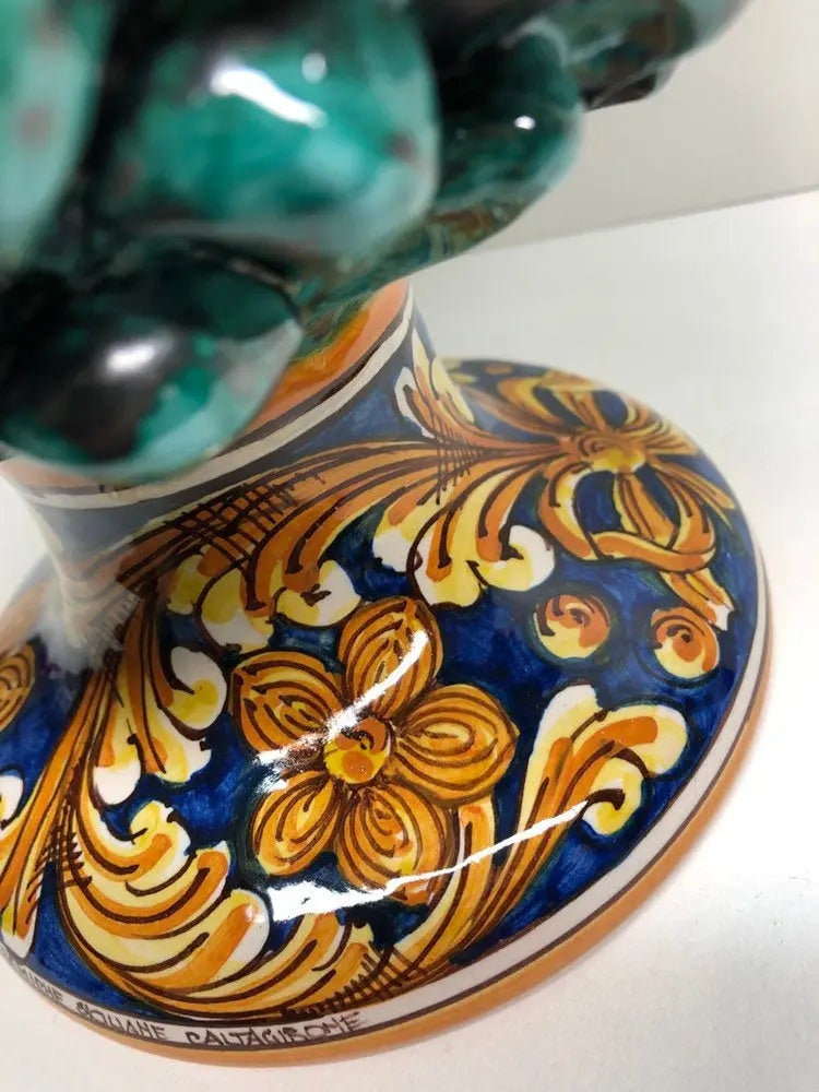 Pigna Ceramica Caltagirone cm H.30 Artigianale Verde Acqua Base Decorata DD CERAMICHE SICILIANE