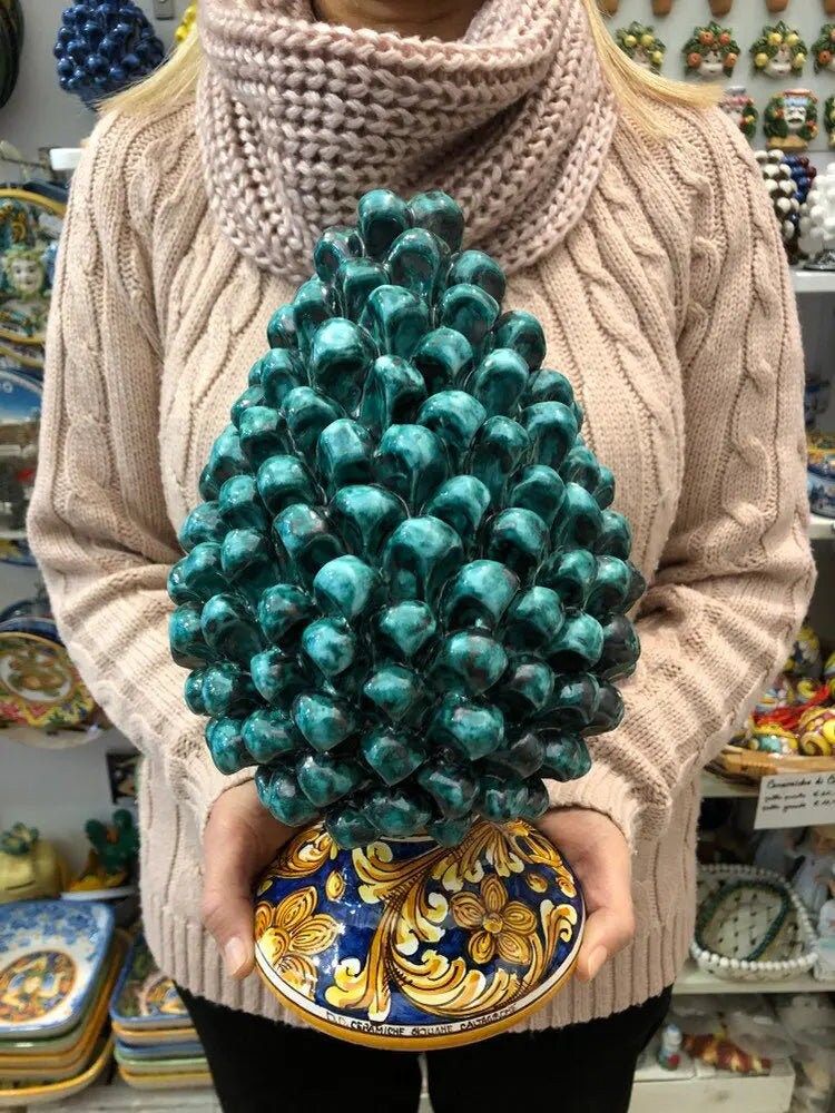 Pigna Ceramica Caltagirone cm H.30 Artigianale Verde Acqua Base Decorata DD CERAMICHE SICILIANE