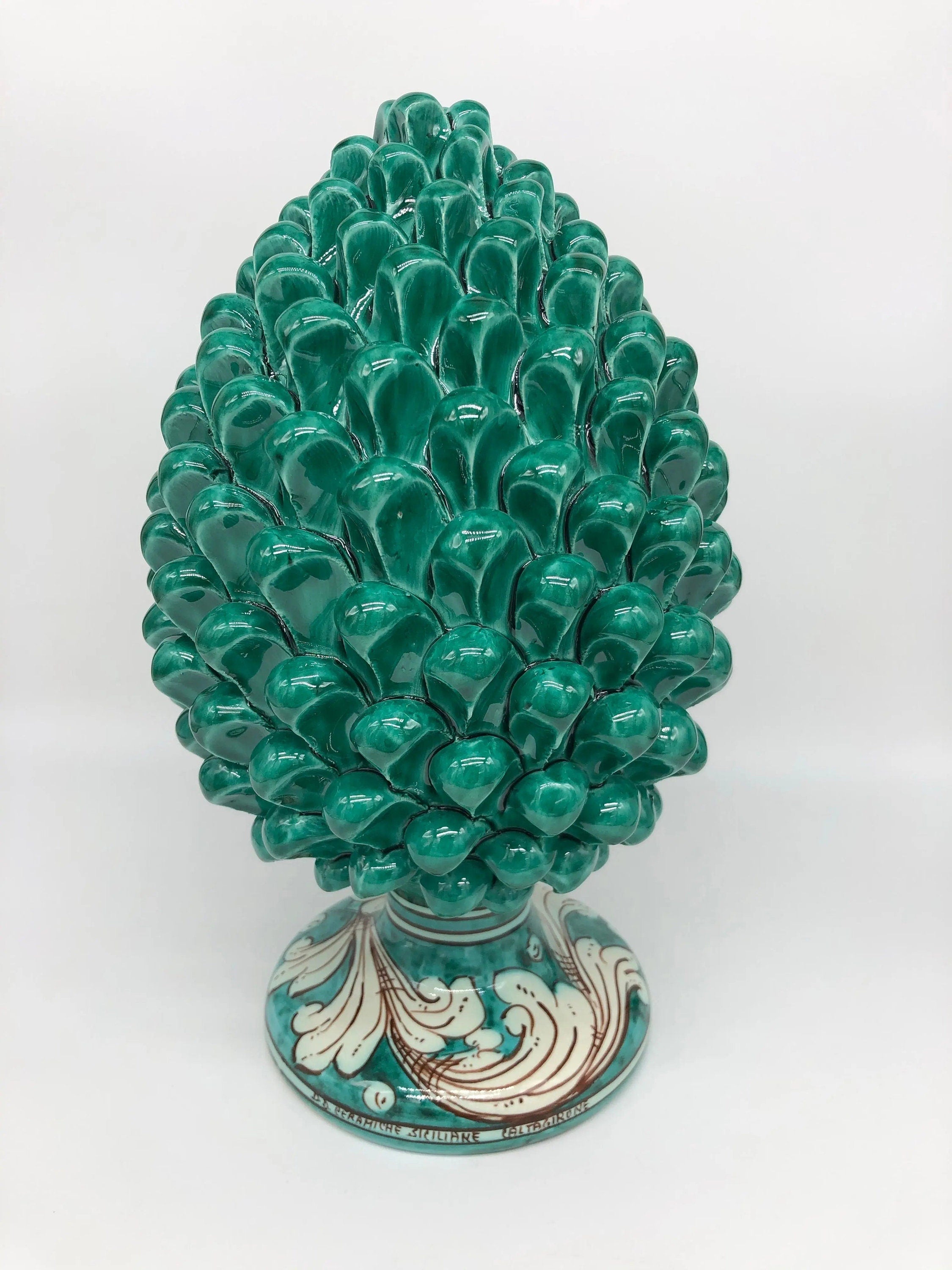 Pigna Ceramica Caltagirone cm H.30 Artigianale Verde Cristallo Base Decorata DD CERAMICHE SICILIANE
