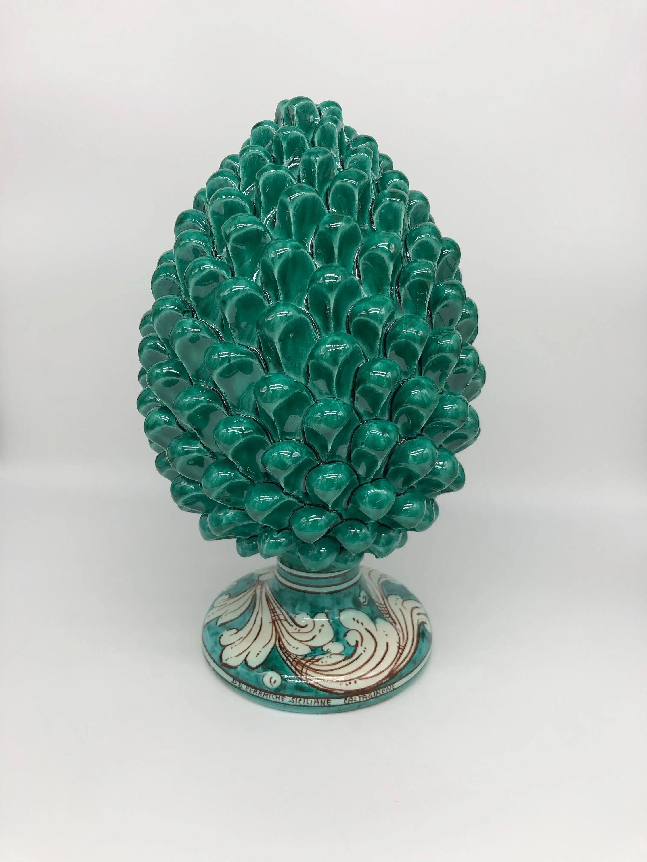 Pigna Ceramica Caltagirone cm H.30 Artigianale Verde Cristallo Base Decorata DD CERAMICHE SICILIANE