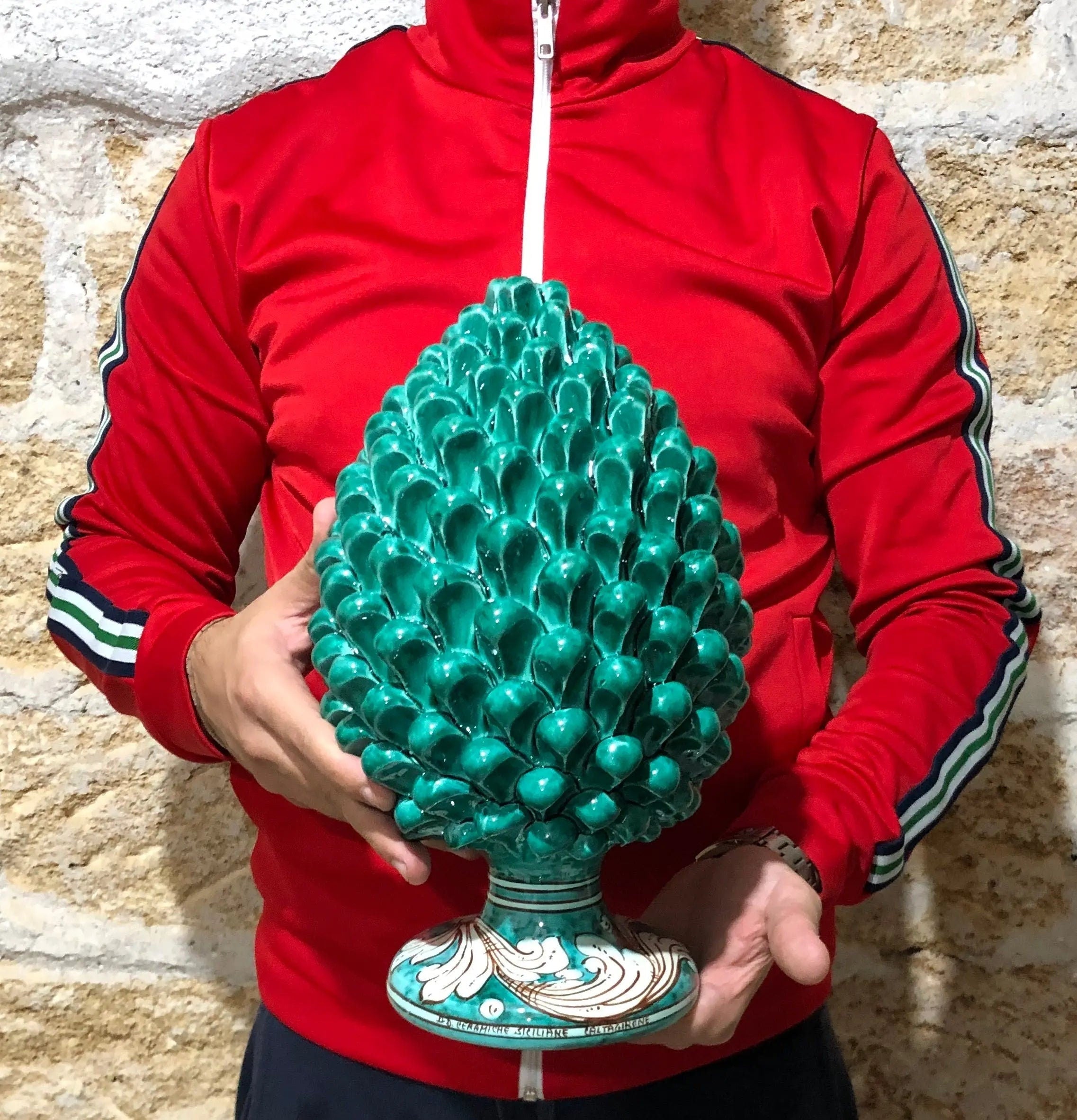 Pigna Ceramica Caltagirone cm H.30 Artigianale Verde Cristallo Base Decorata DD CERAMICHE SICILIANE