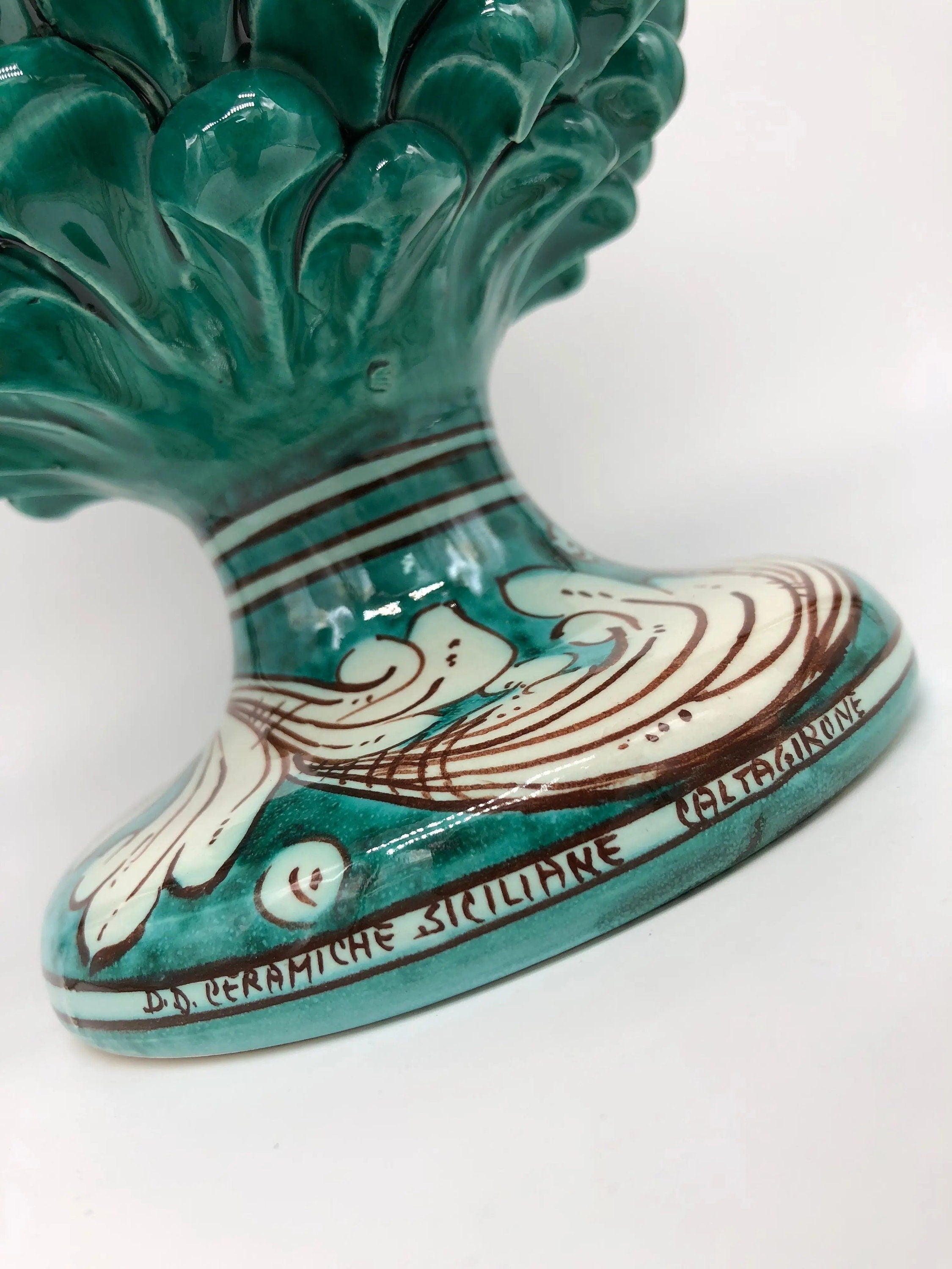 Pigna Ceramica Caltagirone cm H.30 Artigianale Verde Cristallo Base Decorata DD CERAMICHE SICILIANE