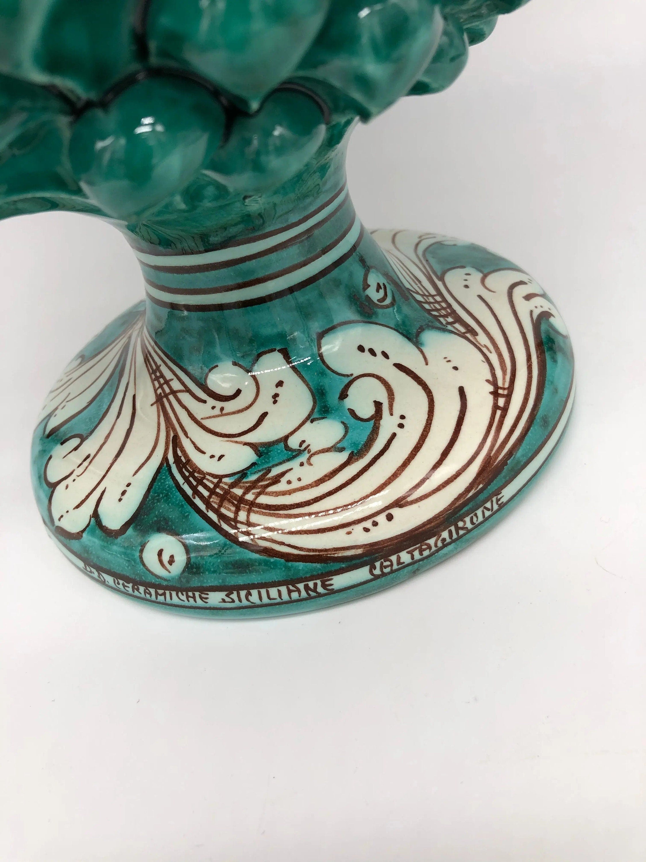Pigna Ceramica Caltagirone cm H.30 Artigianale Verde Cristallo Base Decorata DD CERAMICHE SICILIANE