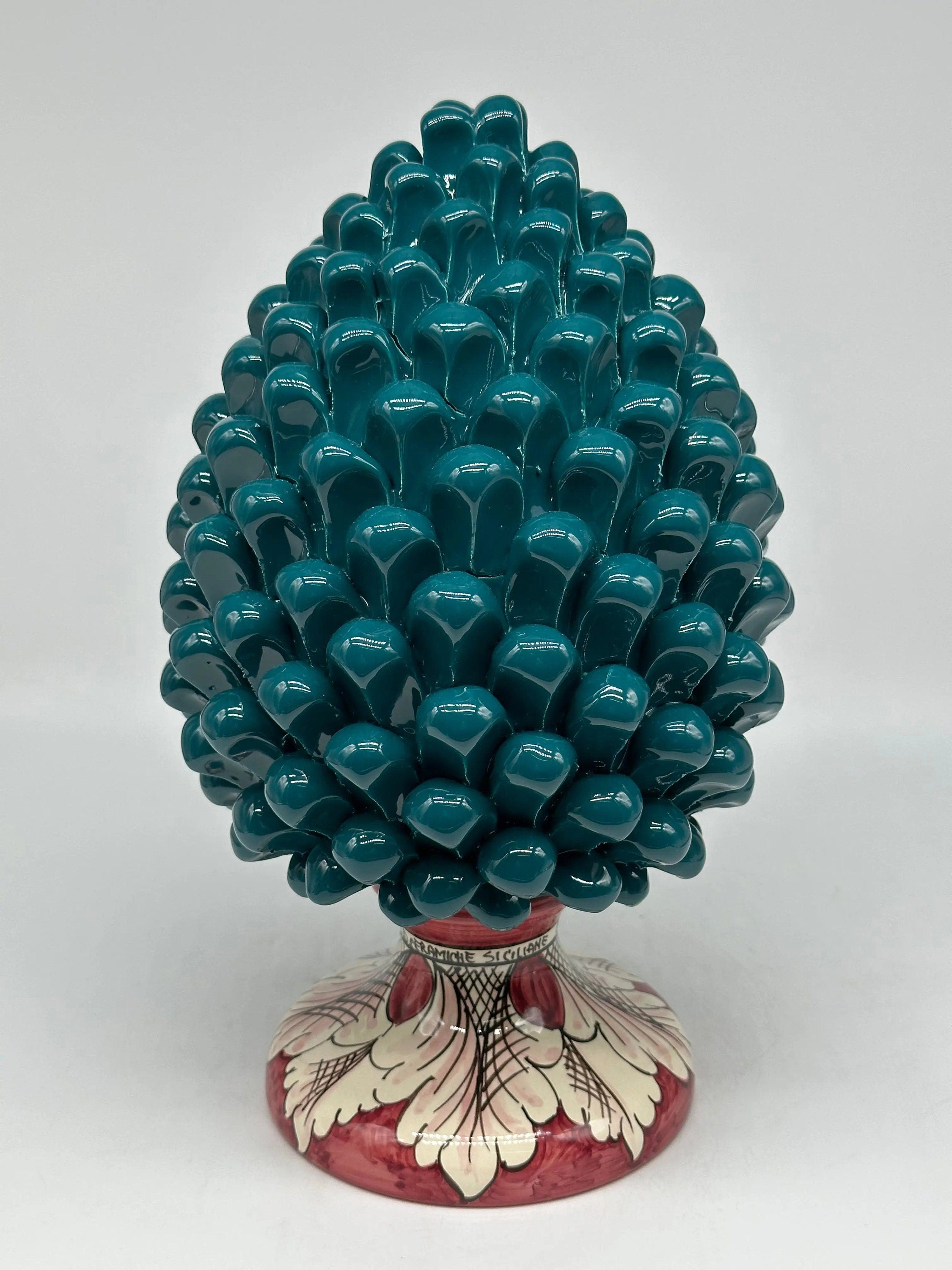 Pigna Ceramica Caltagirone cm H.30 Artigianale Verde Ottanio Base Decorata DD CERAMICHE SICILIANE