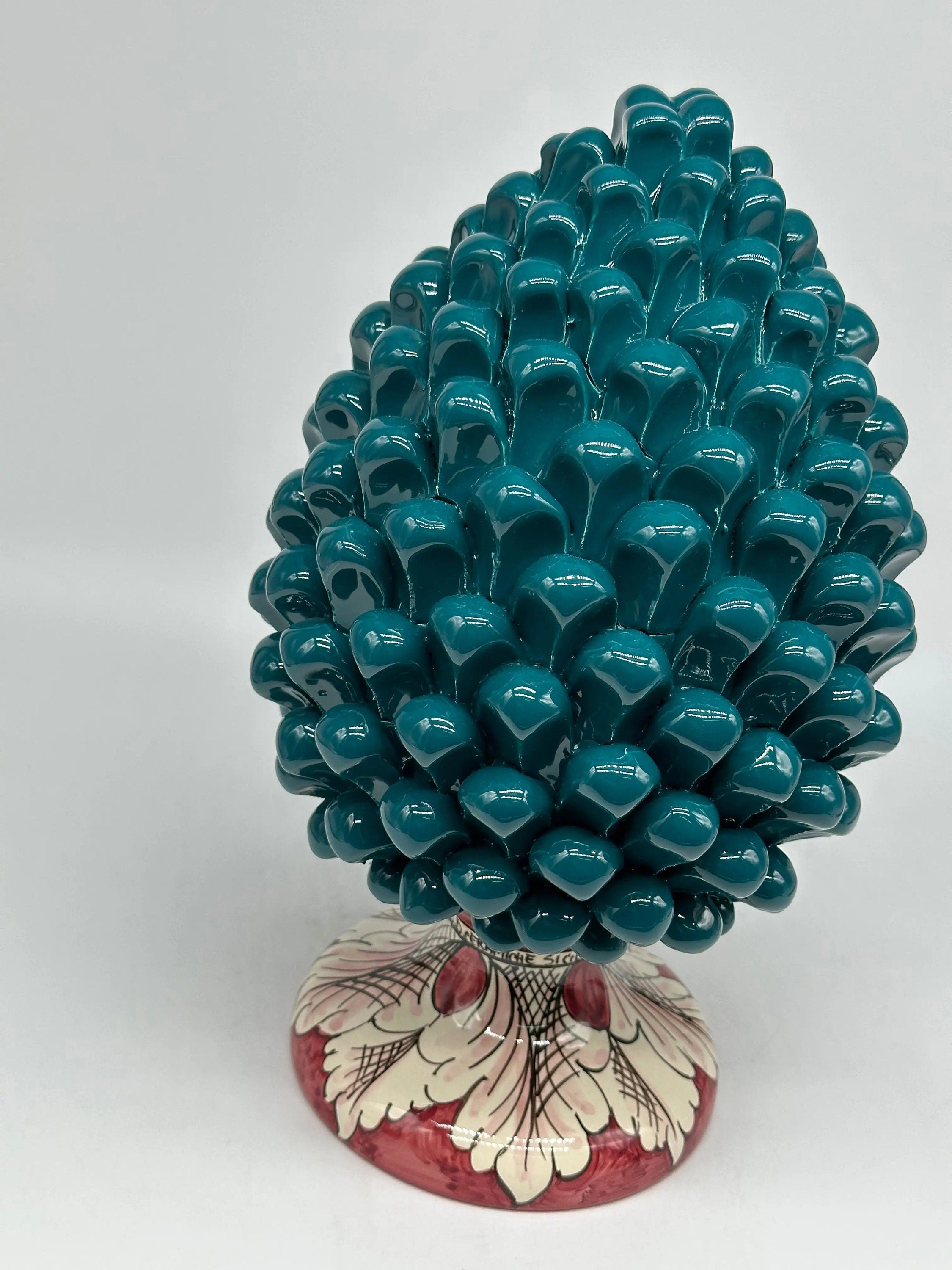 Pigna Ceramica Caltagirone cm H.30 Artigianale Verde Ottanio Base Decorata DD CERAMICHE SICILIANE