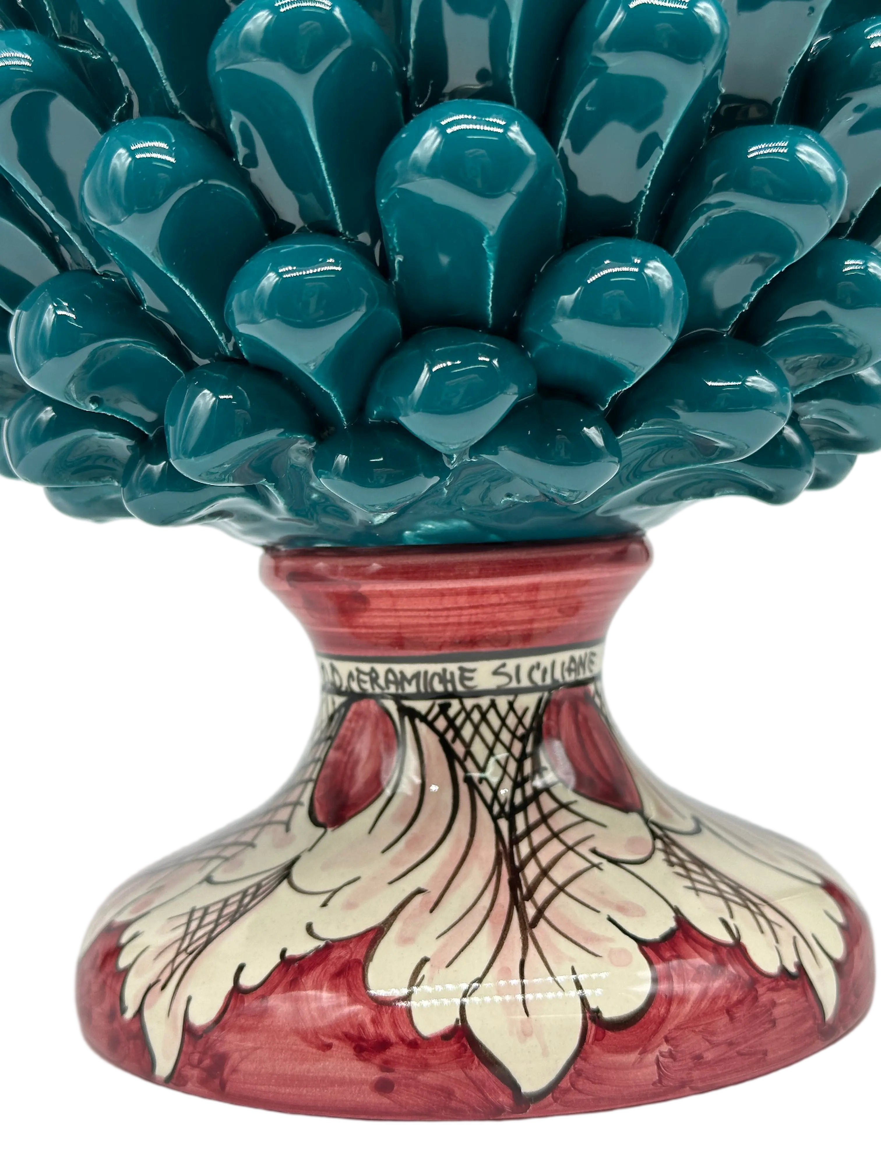 Pigna Ceramica Caltagirone cm H.30 Artigianale Verde Ottanio Base Decorata DD CERAMICHE SICILIANE