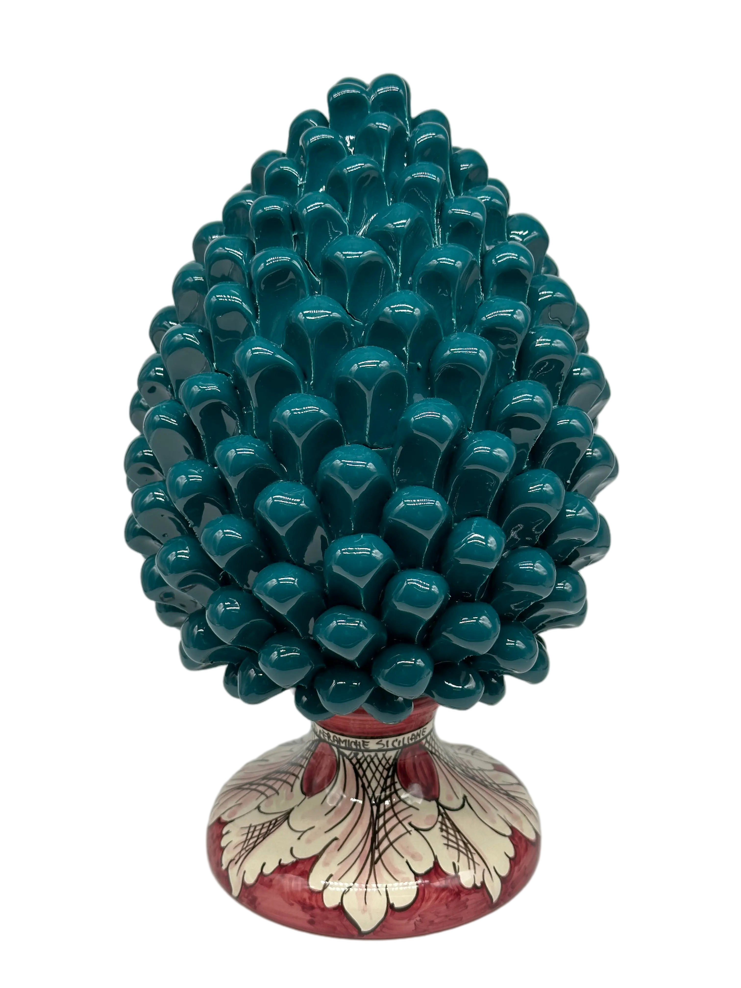 Pigna Ceramica Caltagirone cm H.30 Artigianale Verde Ottanio Base Decorata DD CERAMICHE SICILIANE