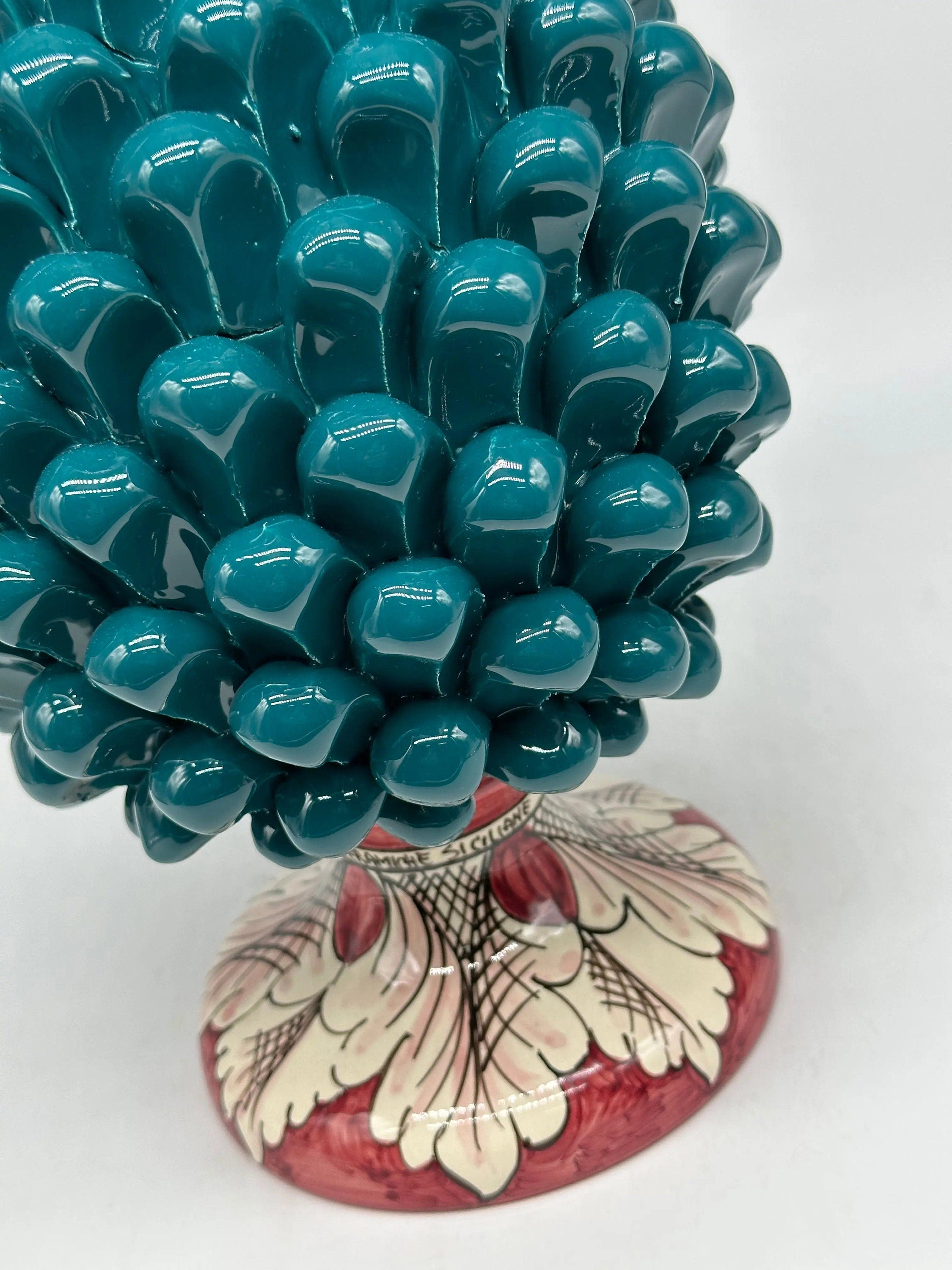 Pigna Ceramica Caltagirone cm H.30 Artigianale Verde Ottanio Base Decorata DD CERAMICHE SICILIANE