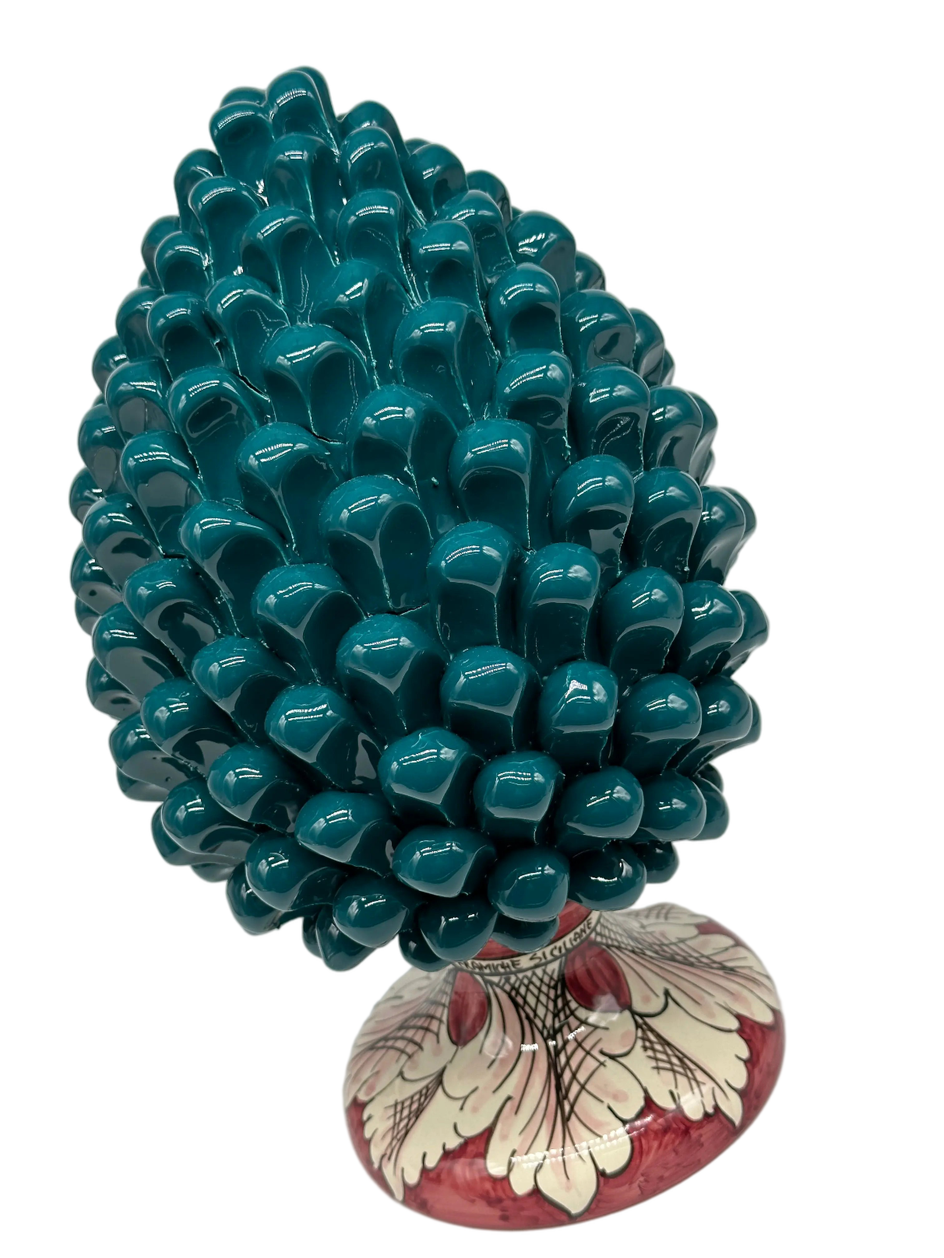 Pigna Ceramica Caltagirone cm H.30 Artigianale Verde Ottanio Base Decorata DD CERAMICHE SICILIANE