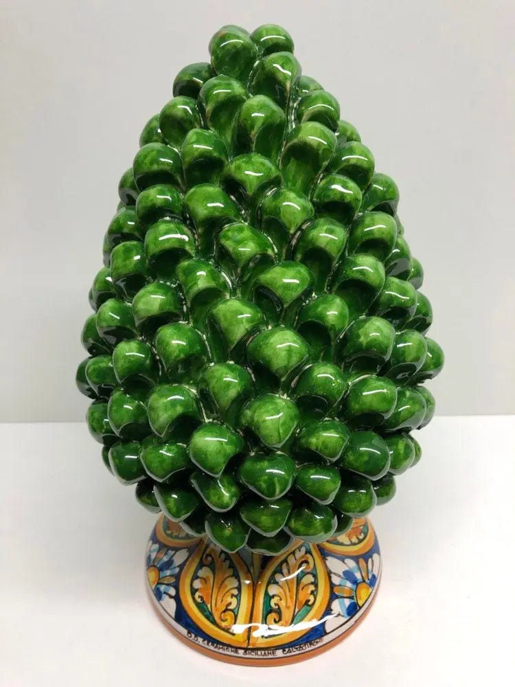 Pigna Ceramica Caltagirone cm H.30 Artigianale Verde Prato Base Decorata DD CERAMICHE SICILIANE