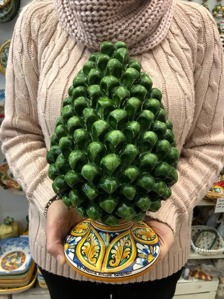 Pigna Ceramica Caltagirone cm H.30 Artigianale Verde Prato Base Decorata DD CERAMICHE SICILIANE