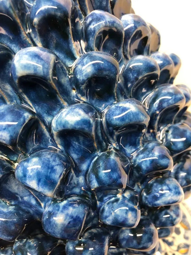 Pigna Ceramica Caltagirone cm H.35 Artigianale Blu Antico Base Decorata Fiori DD CERAMICHE SICILIANE