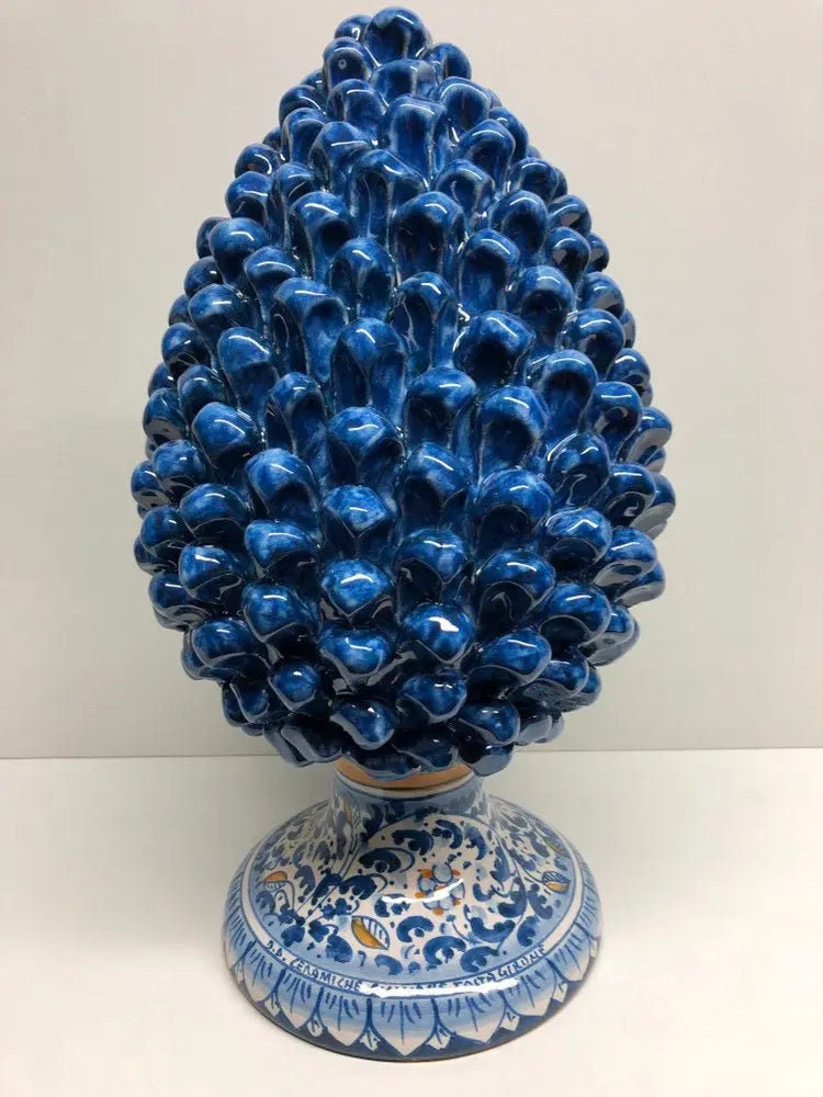 Pigna Ceramica Caltagirone cm H.35 Artigianale Blu Antico Base Decorata Fiori DD CERAMICHE SICILIANE